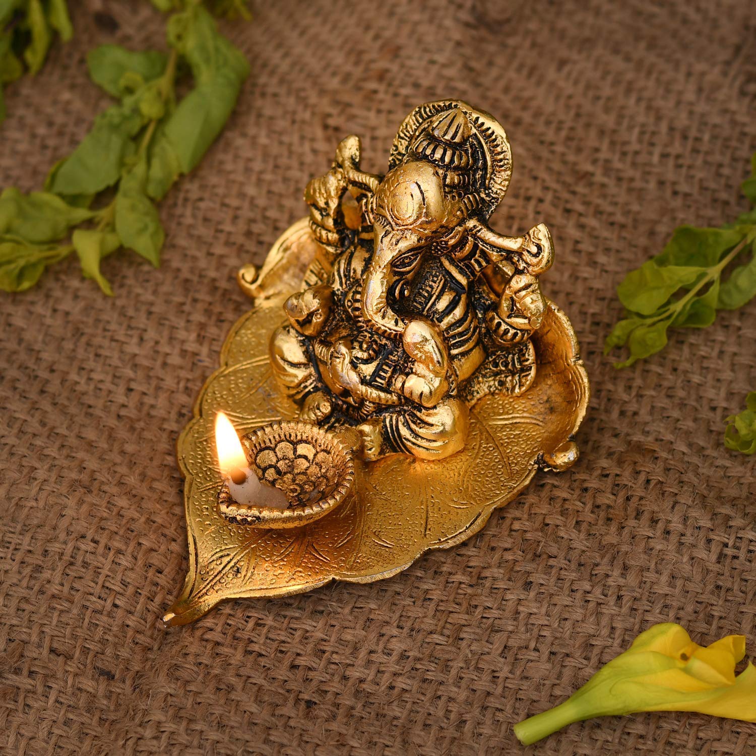 Collectible India Return Gift Ganesh Idol on Leaf - Lord Ganesha with Diya - Metal Diya for Diwali Decoration Items Home Decorat