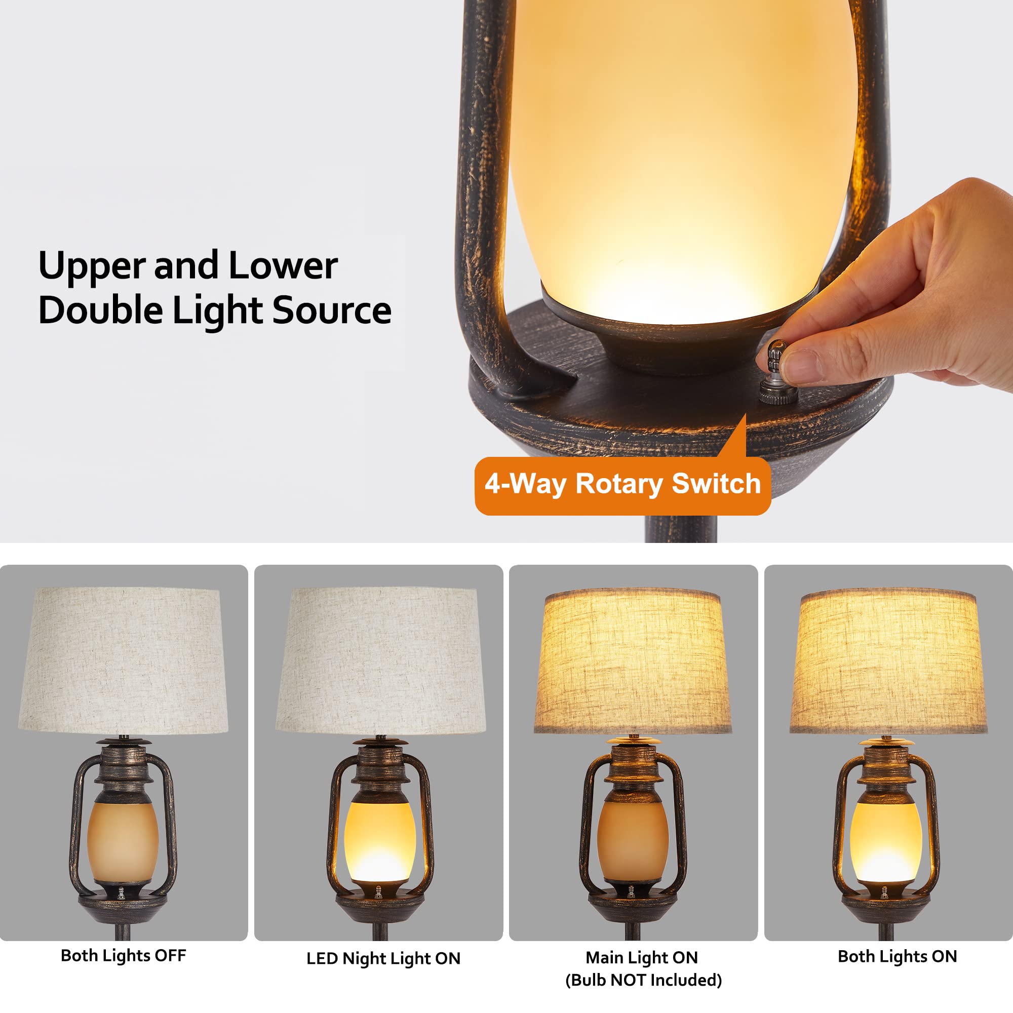 Suraielec Farmhouse Floor Lamp With Night Light, Rustic Bronze Standing Lamp For Living Room