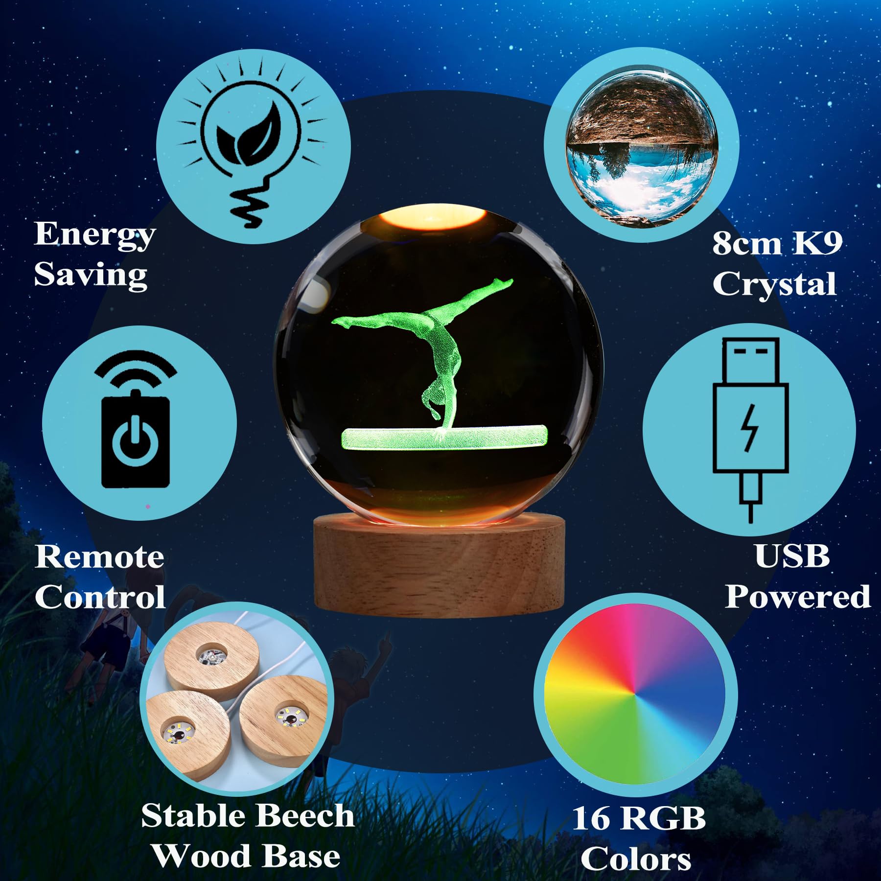 POSSHE Gymnastics Night Light - 3D Crystal Ball with Remote, 16 Colors, 3.15 in, Perfect Gift for Girls and Boys, Cool Room Decor