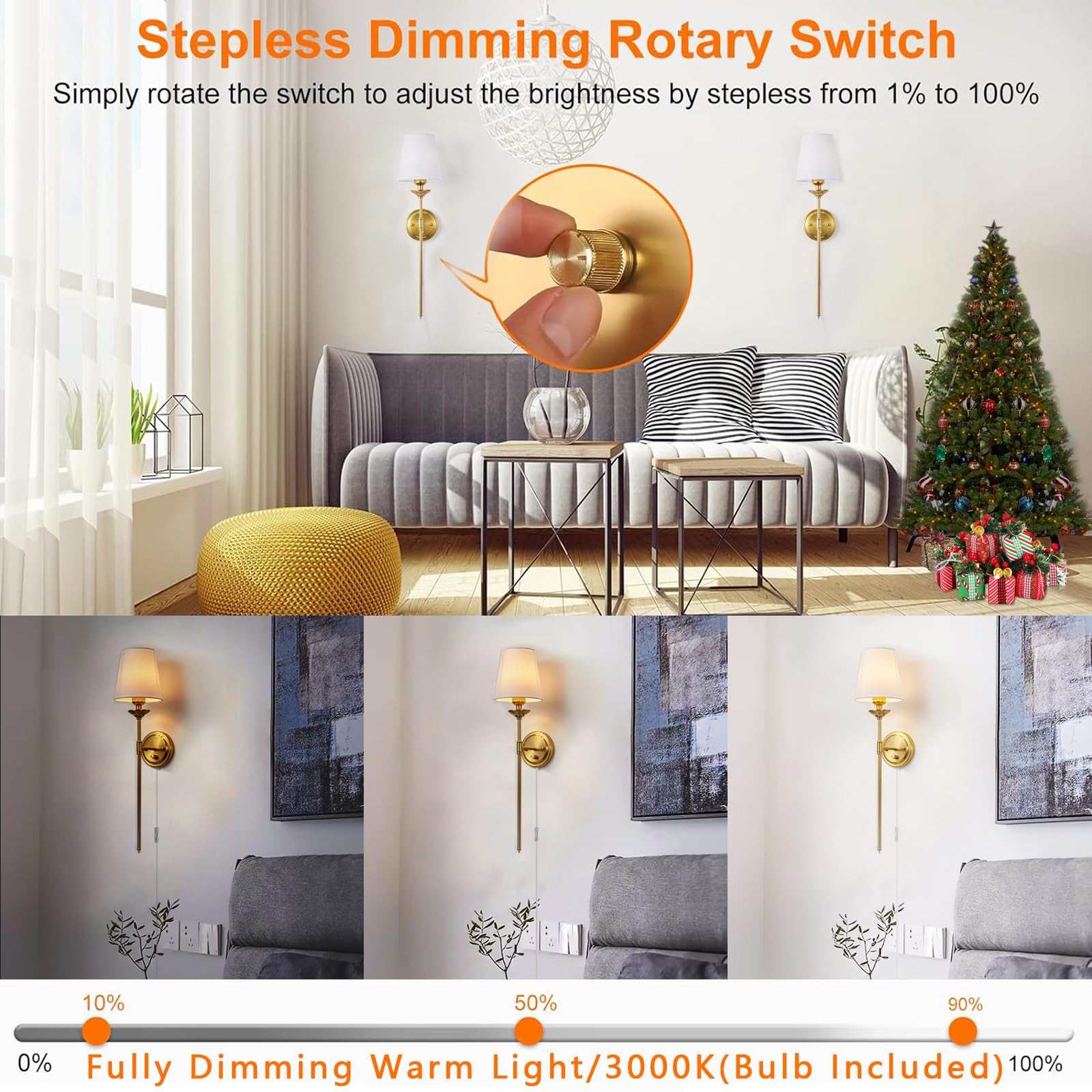 femusytt Dimmable Wall Sconces Set of Two, 6.5FT Cord, Brushed Brass, Mid Century Modern, Plug in/Hardwire, Gold, Model FE-MUS