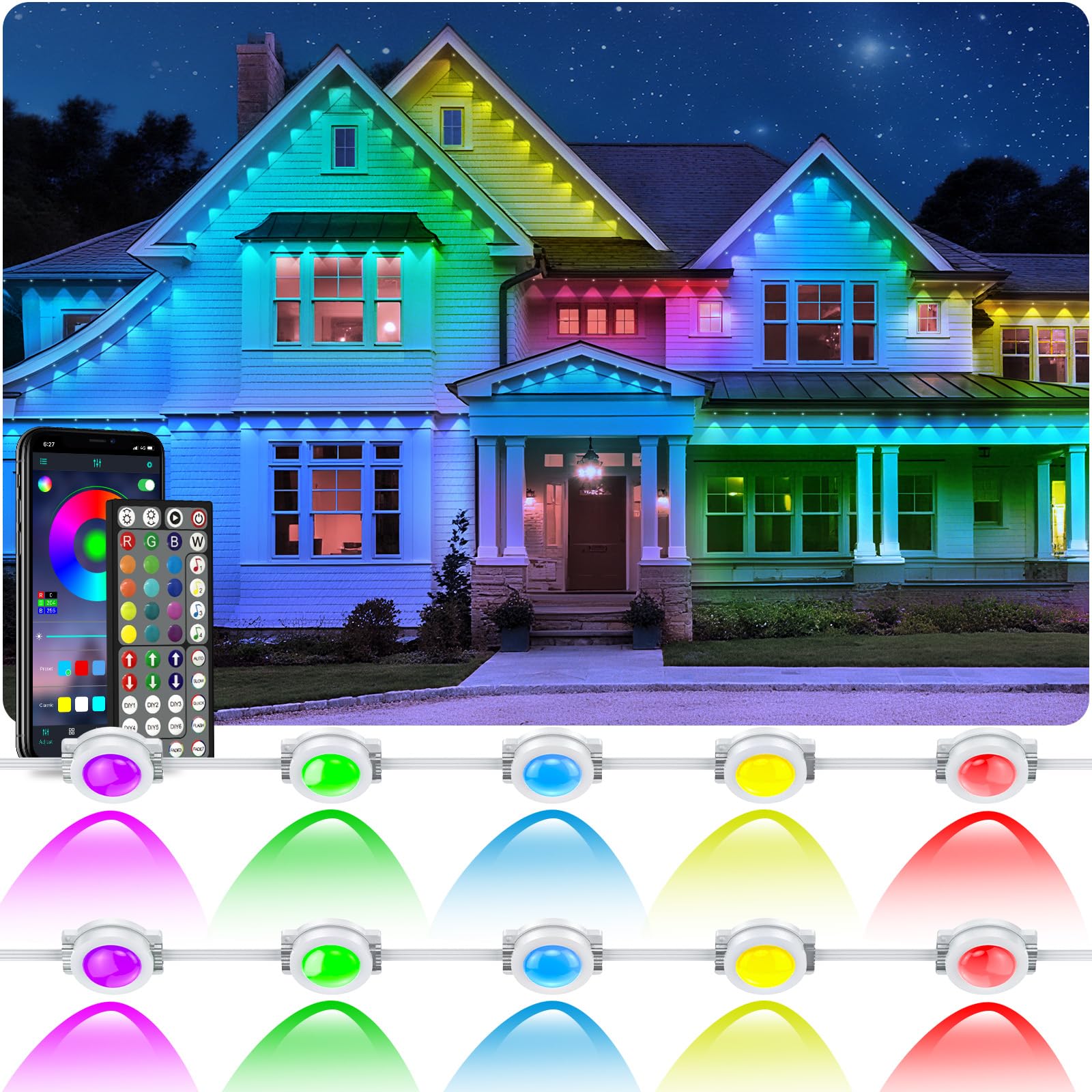 LETIANPAI 200FT Permanent Outdoor Lights RGB Eaves Lights with App Control Remote DIY Scene Modes IP67 Waterproof Outdoors Under Eave Lighting Outdoor Light for Garden Decor