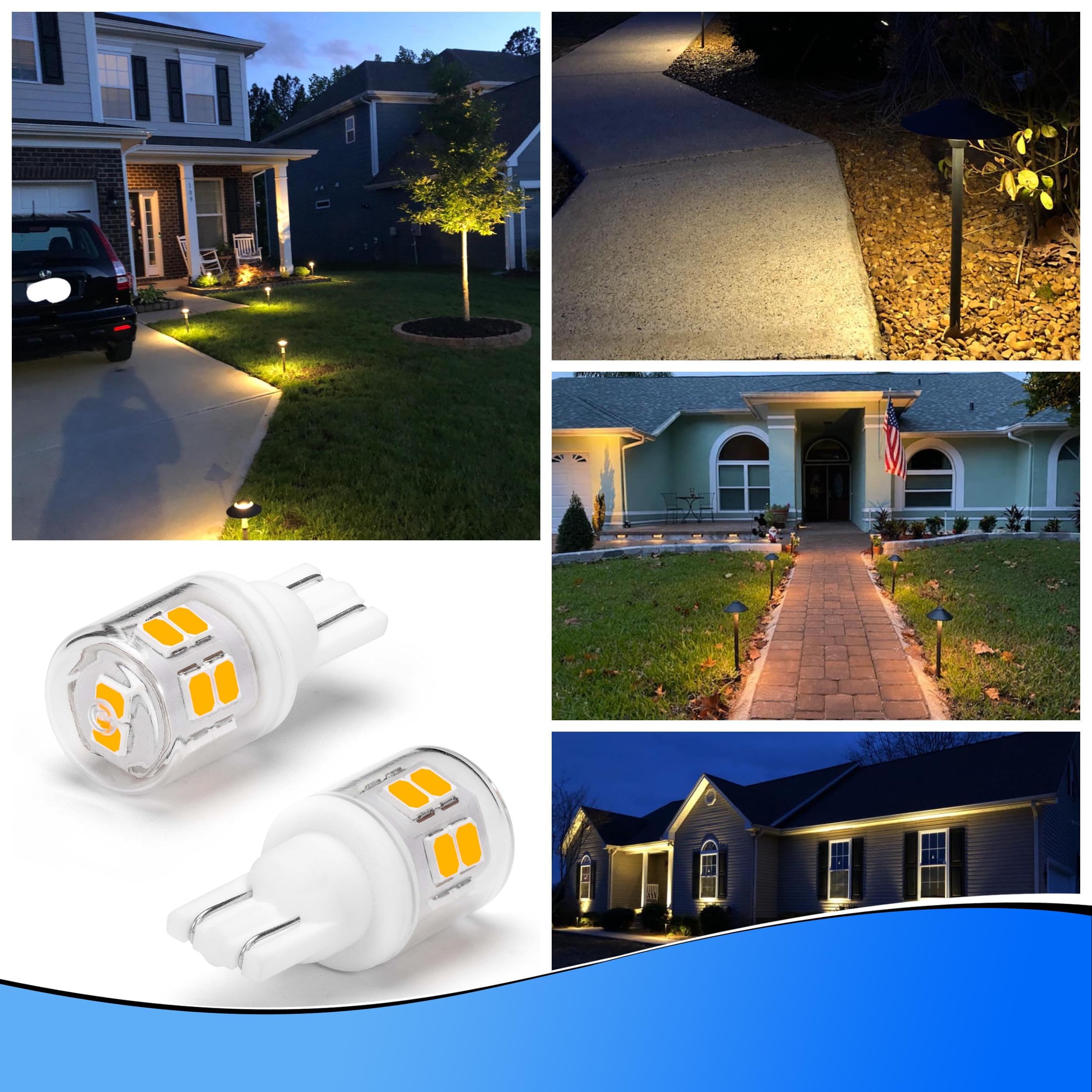 Heifymi T10 LED Wedge Base Bulbs, 2700K Warm White, 2W Equivalent, 6 Pack, Ceramic, AC/DC 12-24V for Landscape & RV