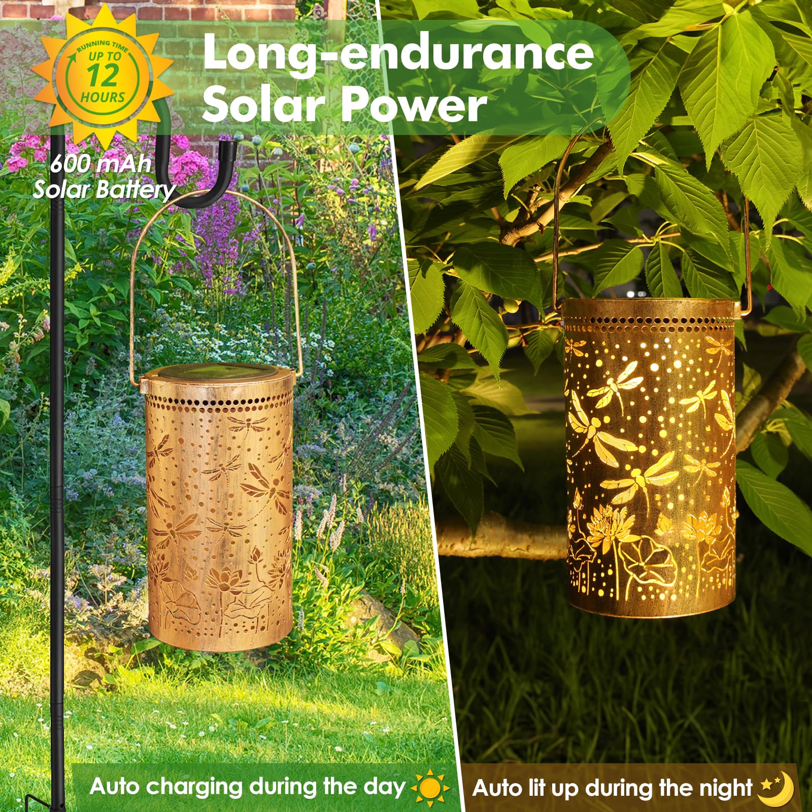 Fabuday Dragonfly Lotus Solar Lanterns - 2 Pack, Waterproof, Metal, Bronze, Model 230 for Outdoor, Garden, Patio, Porch Decor