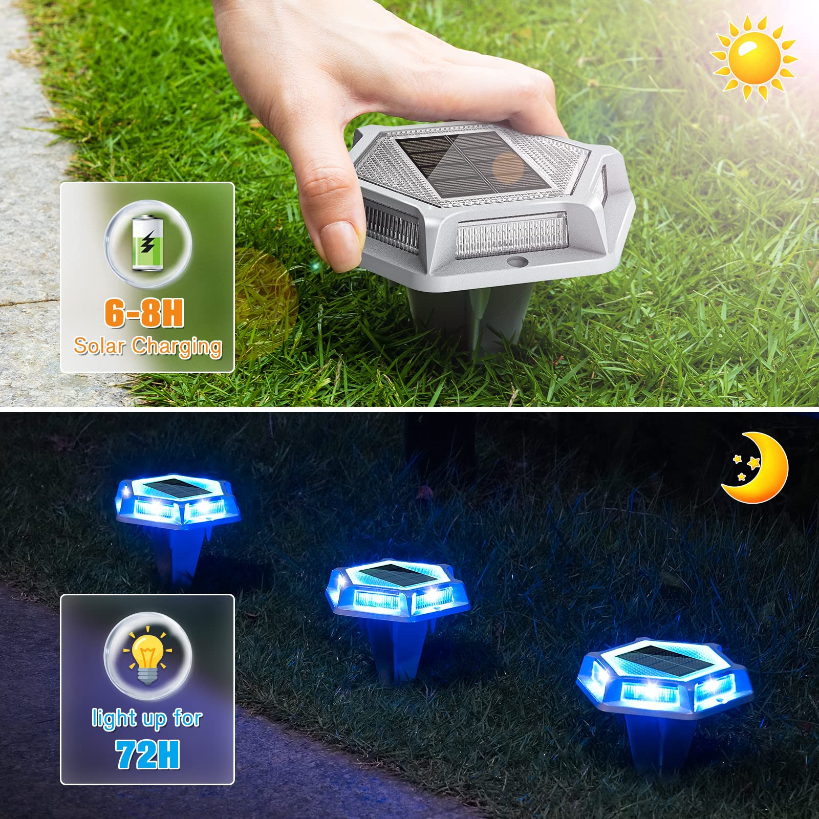 VOLISUN Solar Driveway Lights - 16 Pack Waterproof LED Marker Lights, IP67, White/Blue, Metal, Model 21386ZM