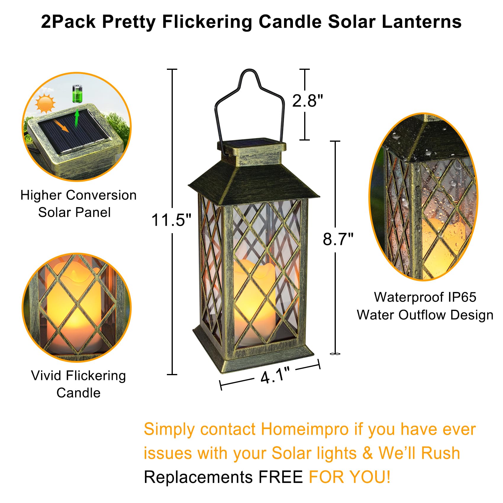 HOMEIMPRO 2Pack Solar Lanterns Waterproof Antique Green Bronze 11in Flickering Candle Lights for Outdoor Garden Patio
