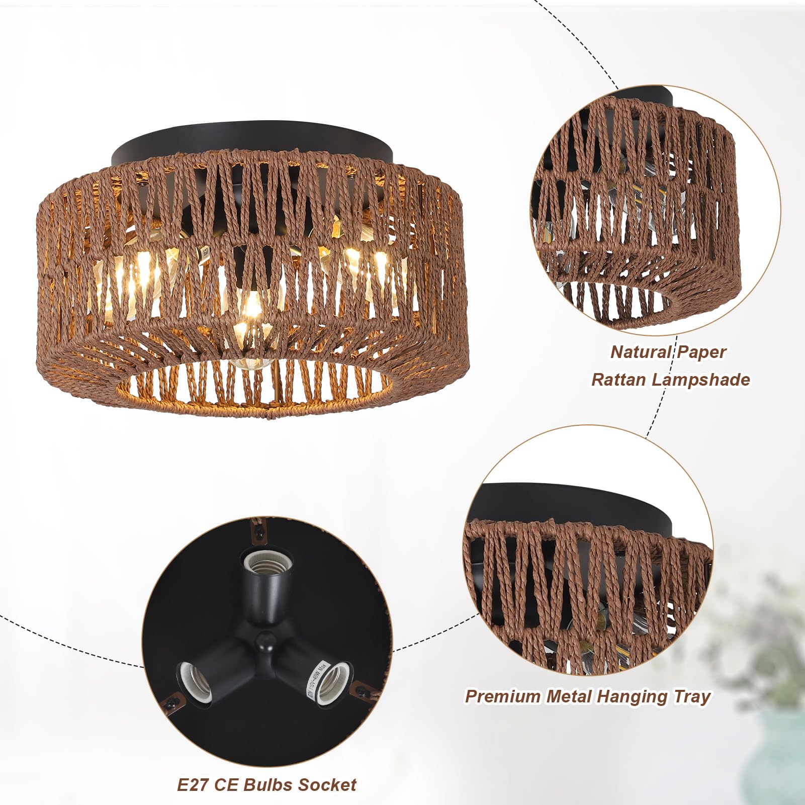 Paufel Boho 3-Light Farmhouse Rattan Light Fixtures - Hand-Woven Shade Modern Chandelier For Living, Bedroom, Entryway, Kitchen,