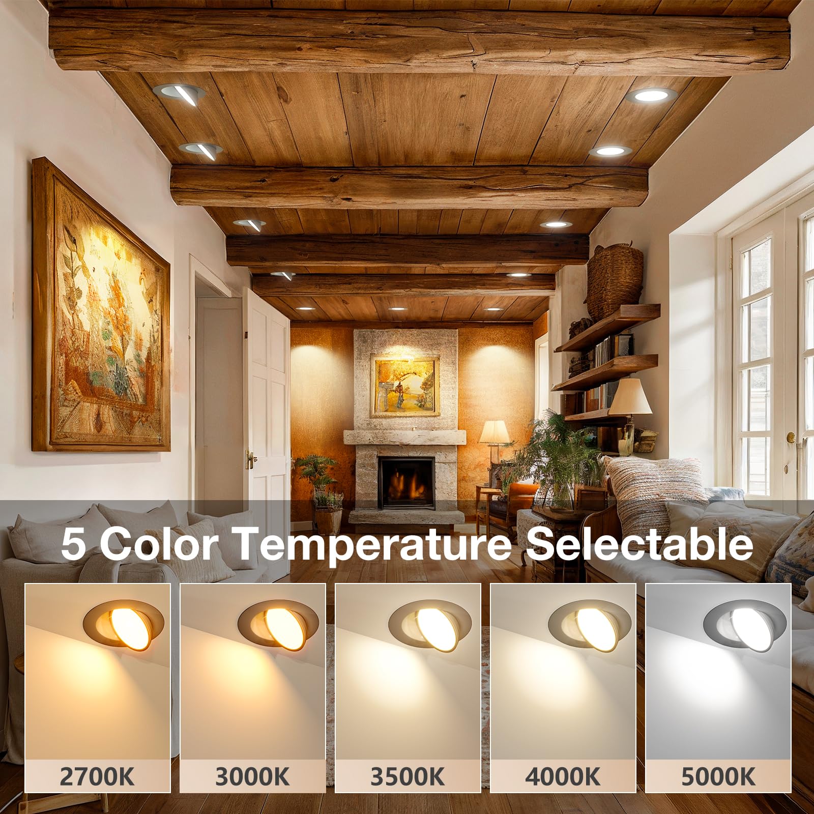 Amico 12 Pack 6 Inch 5Cct Gimbal Led Recessed Lighting  360&90Adjustable Eyeball Directional Downlight  Dimmable  2700K/3000K/3500K/4000K/5000K Selectable  12W 1200Lm Cri90+  Black  Etl&Fcc