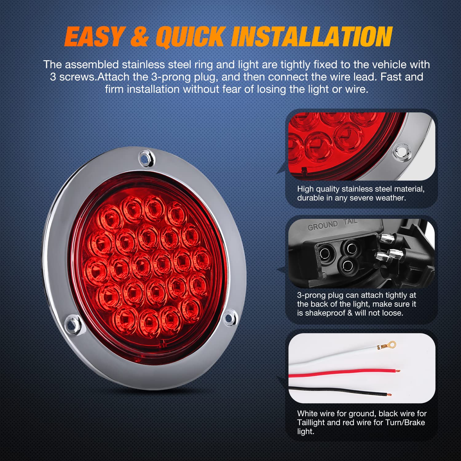 Nilight 4” Round Trailer Tail Light 2Pcs 24Led Red Stainless Steel Chrome Bezel Waterproof Stop Brake Turn Tail Lights For Truck Van Camper Boat Lorry