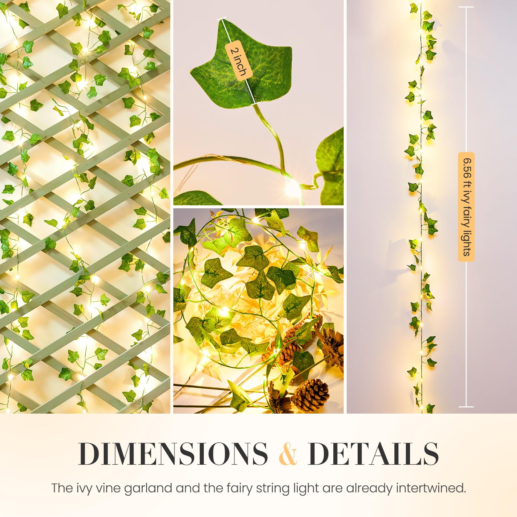 Kaszoo 2 Pack 6.56 Ft Vine With Fairy Lights, 80Leds Battery/Usb Operated, Vine String Lights, Ivy Garlands With Fairy Lights For Bedroom Party Wall Room Hanging Decor