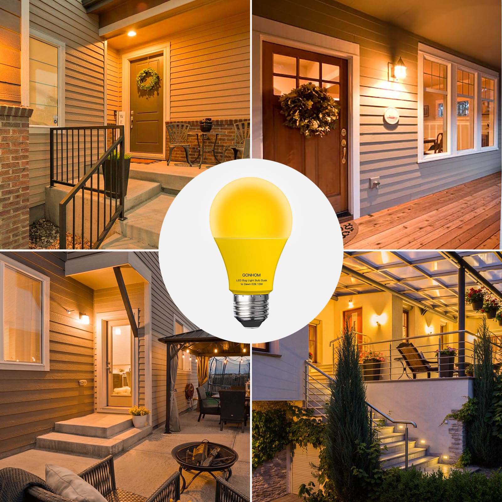 Gonhom Dusk To Dawn Bug Light Bulb Outdoor,12 Pack Amber Bug Light Bulb,Auto On/Off,10W(100W Equivalent),E26 Base,Bug Lights For