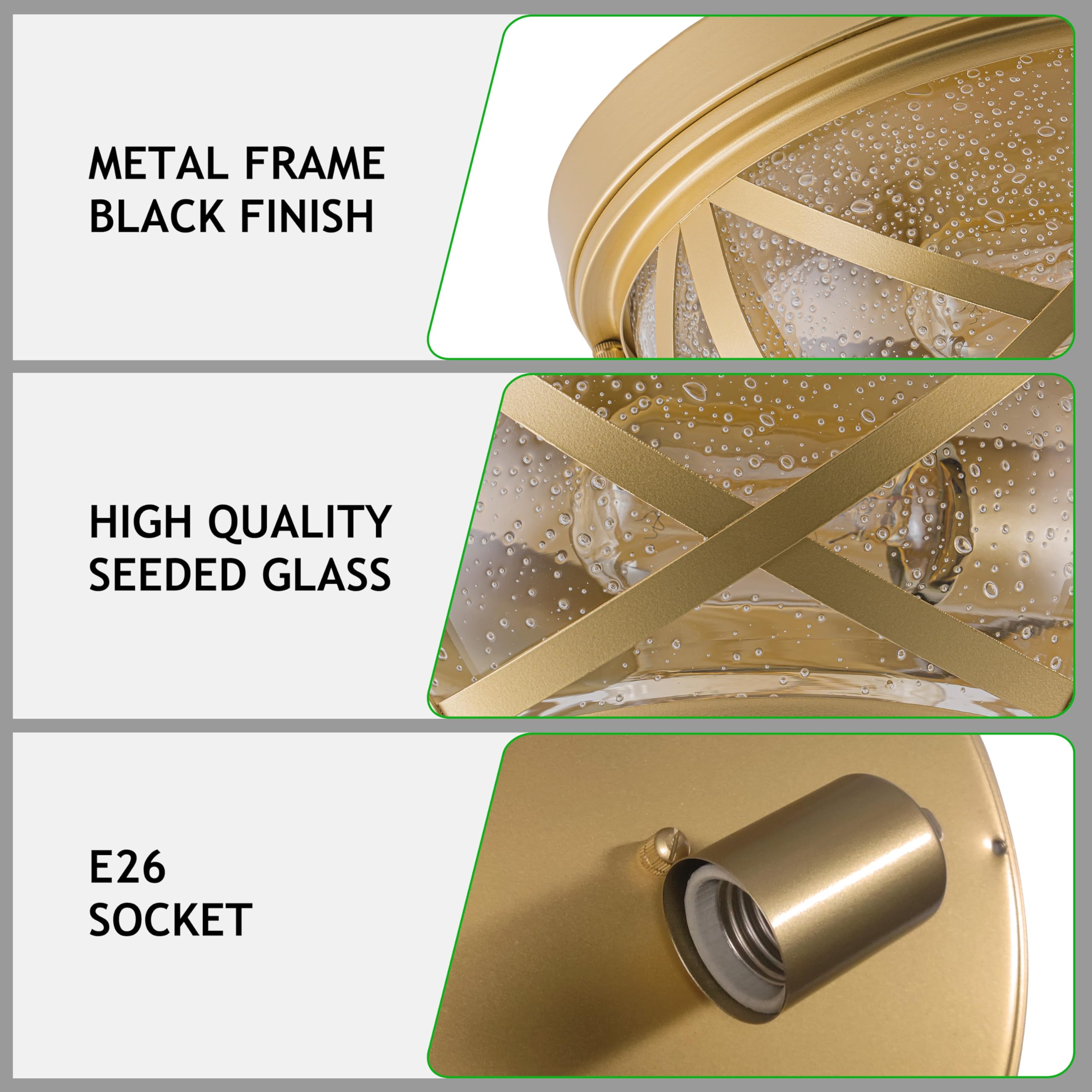 Flush Mount Ceiling Light Fixture Gold, 2-Light Modern Farmhouse Porch Light Ceiling Mount For Outdoor, Indoor Flush Mount Light Fixture For Hallway Foyer Kitchen Bathroom With Seeded Glass