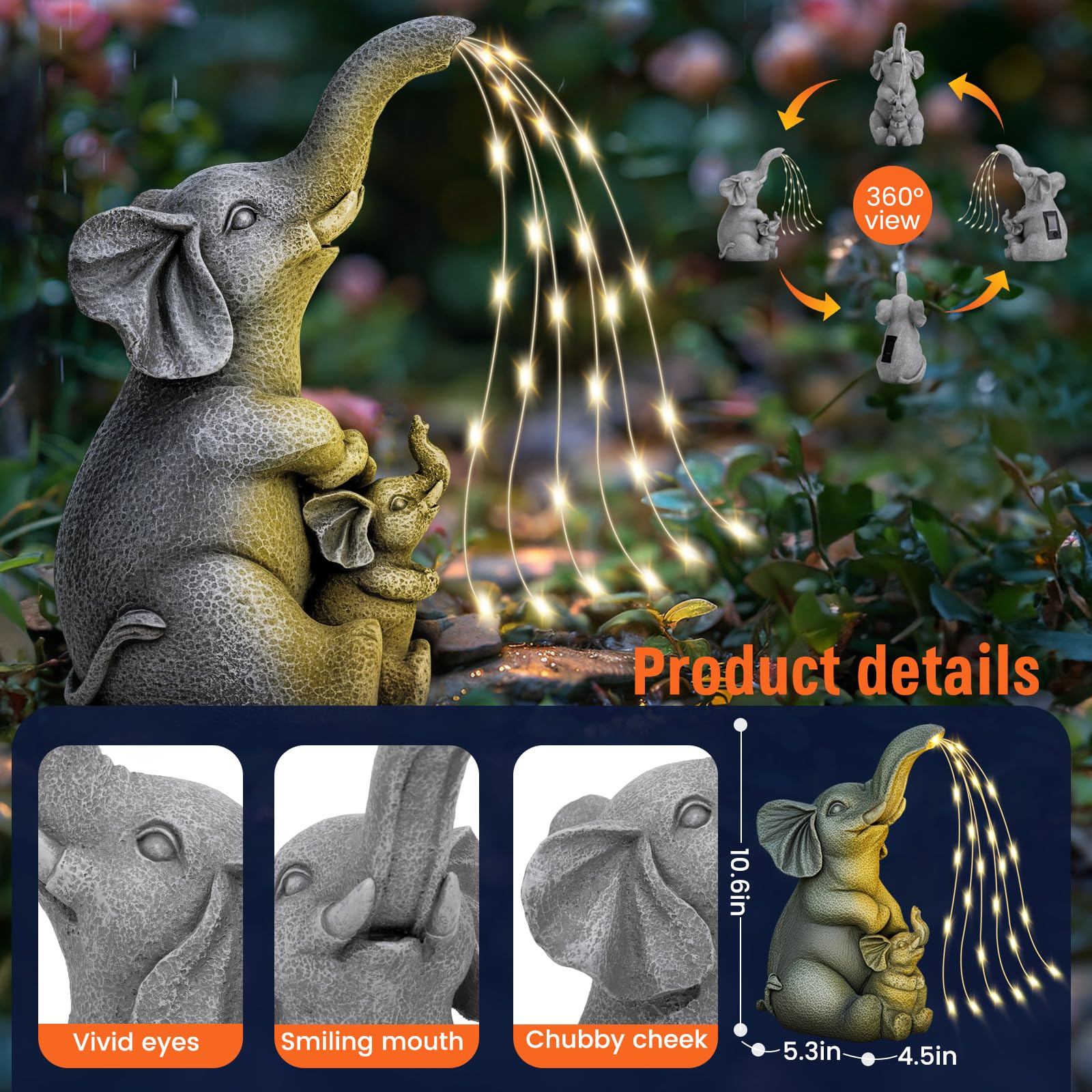 Solar Garden Outdoor Statue With 30 Led Lights - Lawn Decor Elephant Figurine For Patio, Balcony, Yard Ornament - Unique Housewa