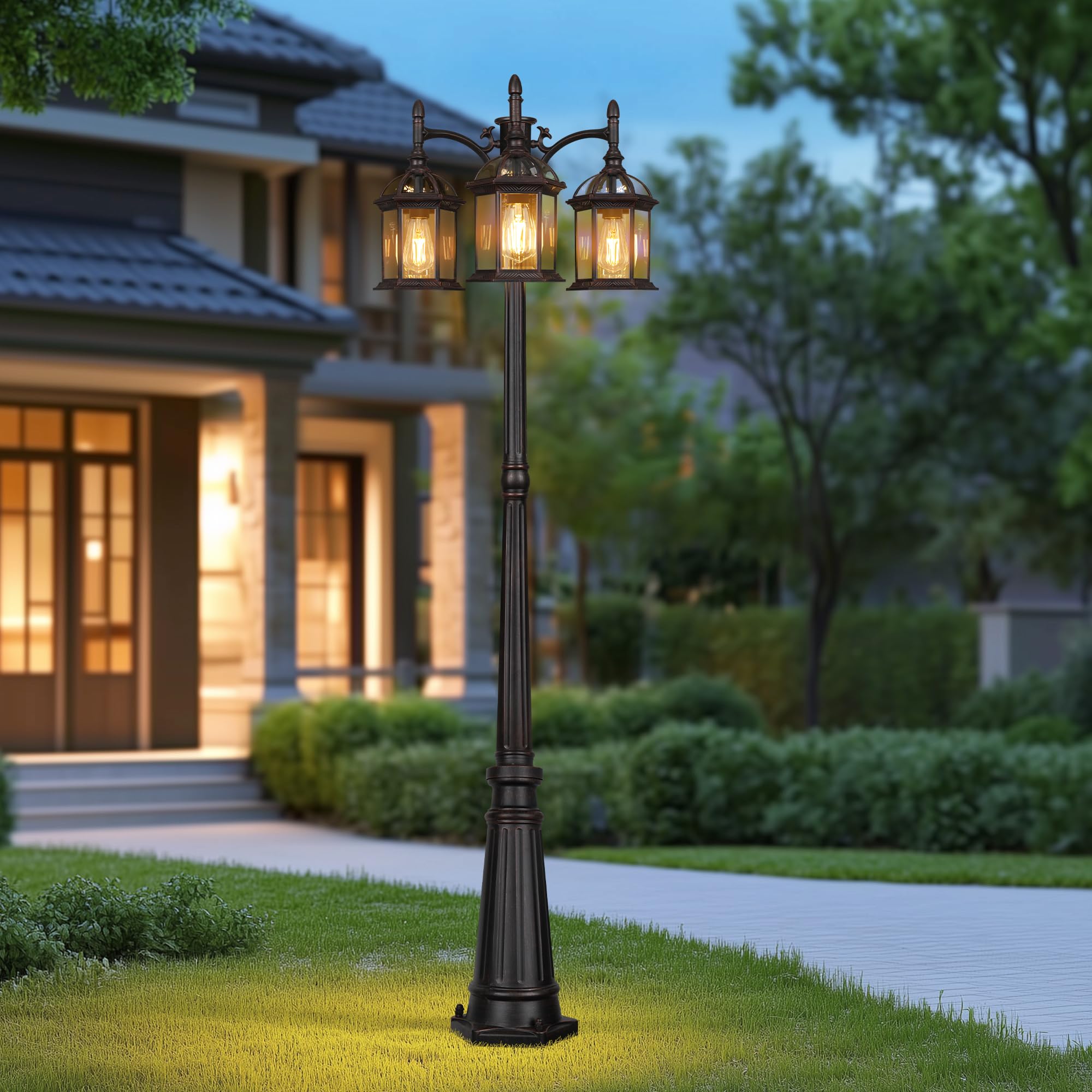 PARTPHONER Dusk to Dawn Outdoor Lamp Post Light, Triple Head Aluminum, Oil-Rubbed Bronze, Model PA1201, Waterproof Sensor Fixture