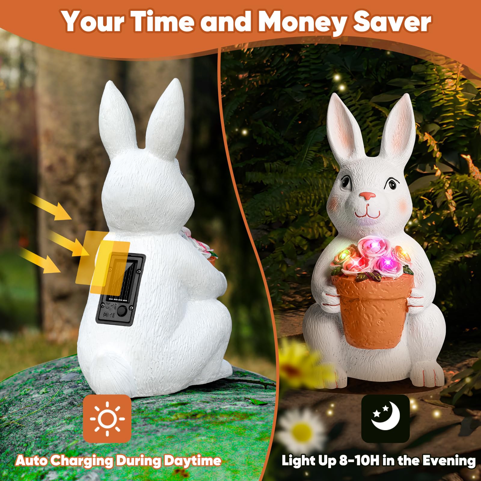 Brightever Solar Powered Outdoor Garden Statues- Rabbit With Flowers And 5 Colorful Led Lights, 11.8In Outdoor Figurine Lights,