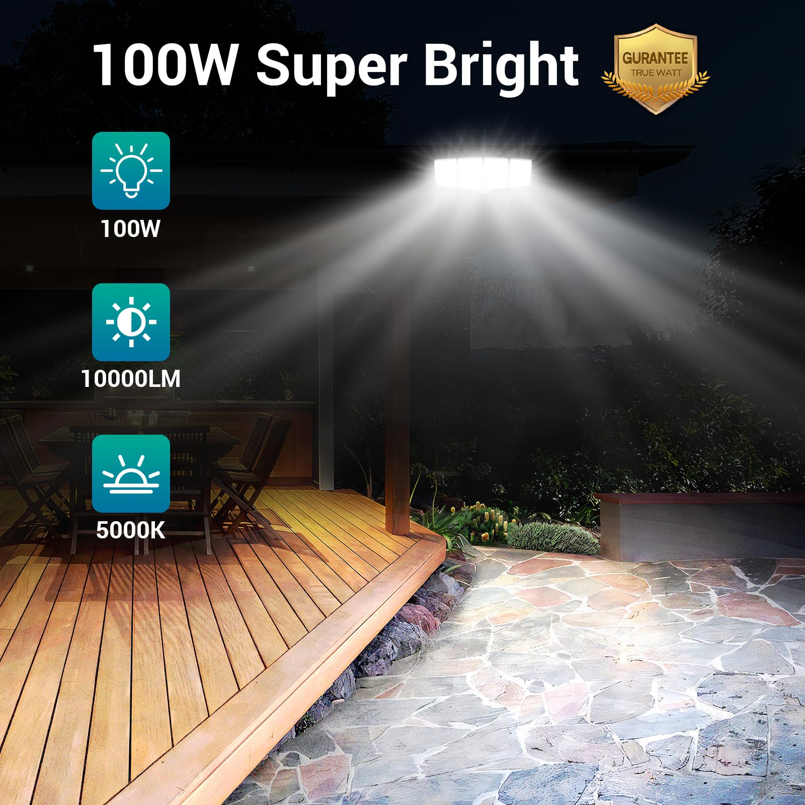 USTELLAR 100W LED Flood Light Outdoor - 10000LM, IP65 Waterproof, 4 Adjustable Heads, 2 Pack, 5000K Daylight, White