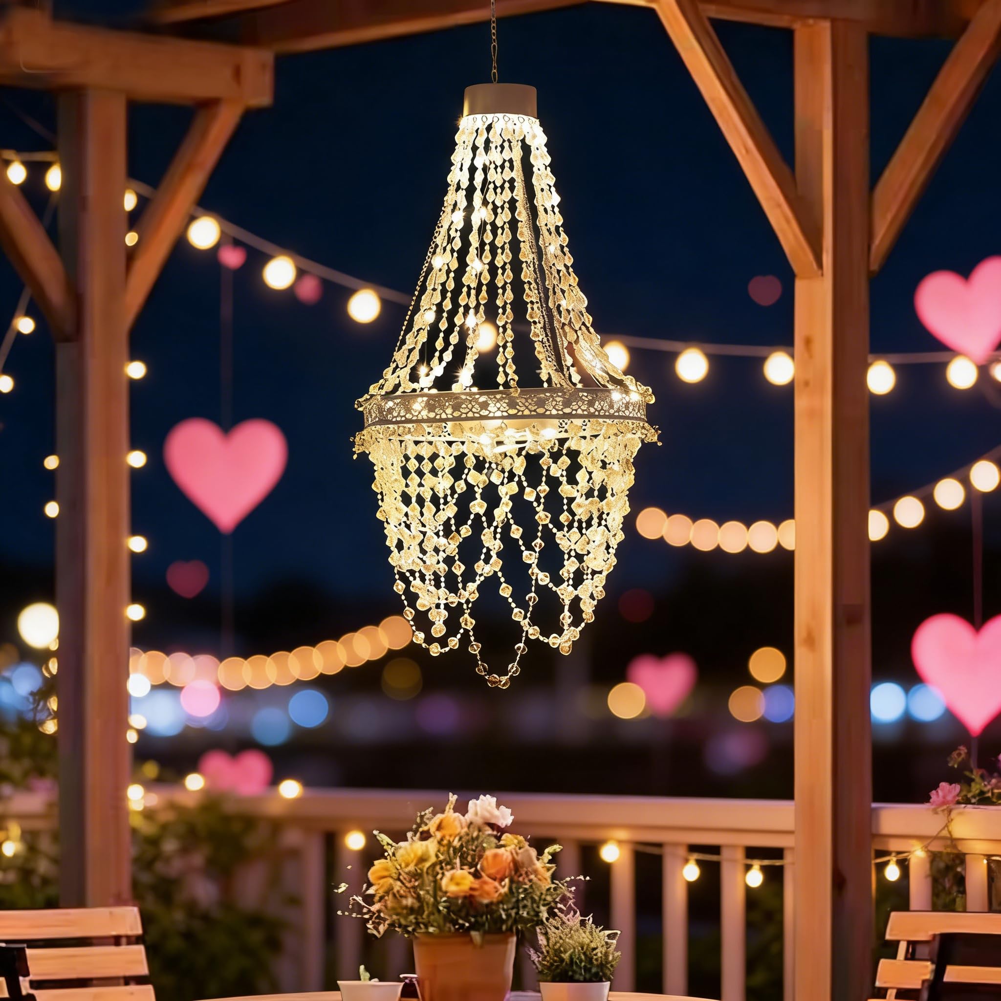 Solar Hanging Crystal Chandelier Outdoor Garden Decorative Lights Powerful Lithium Battery 54 Warm White LEDs Waterproof Hanging Lantern for Valentine Gifts Garden Gazebo  Party  Wedding