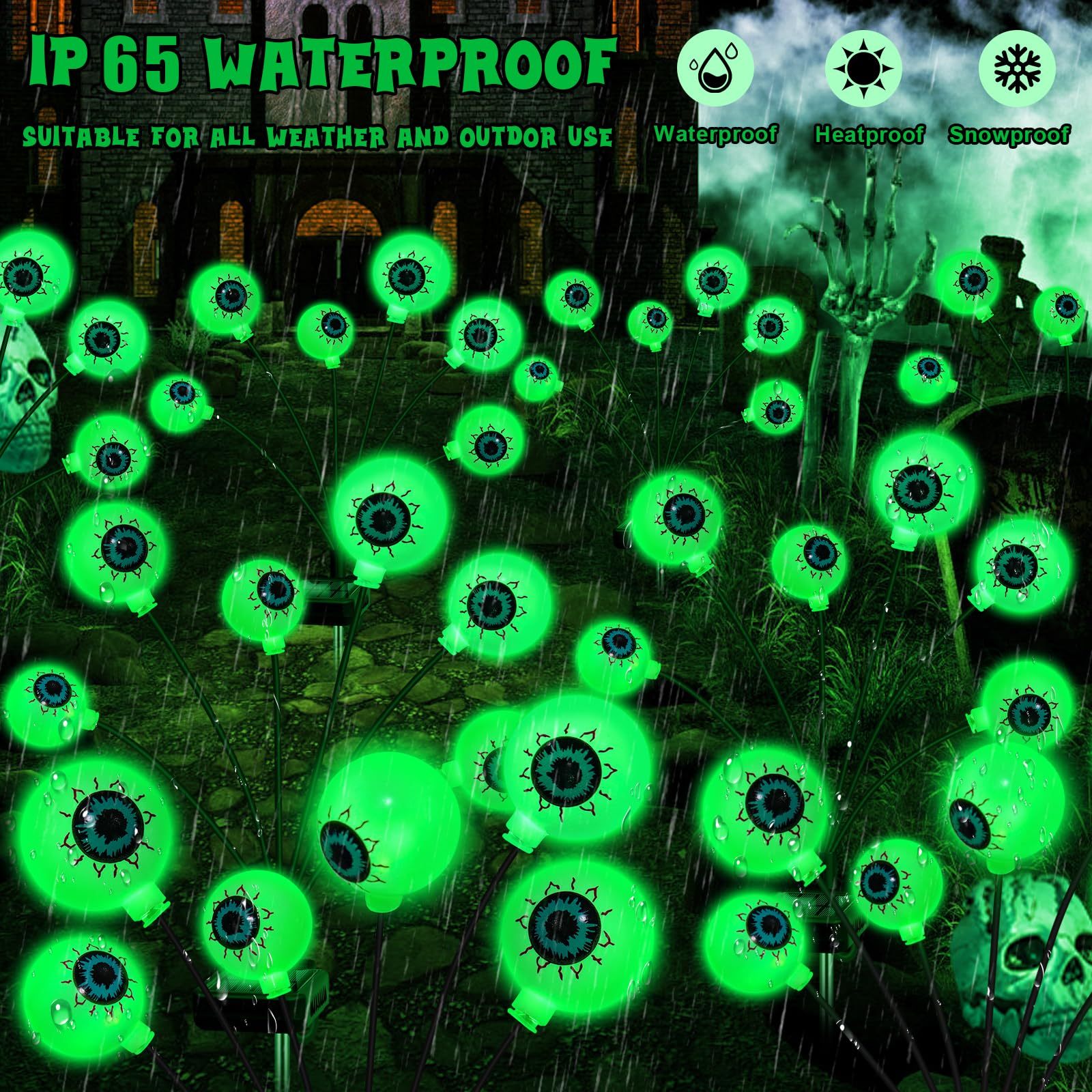 ZFNN Solar Eyeball Lights, 4 Pack 24 LED, Waterproof Outdoor Green Firefly Lights for Halloween Garden Patio Pathway