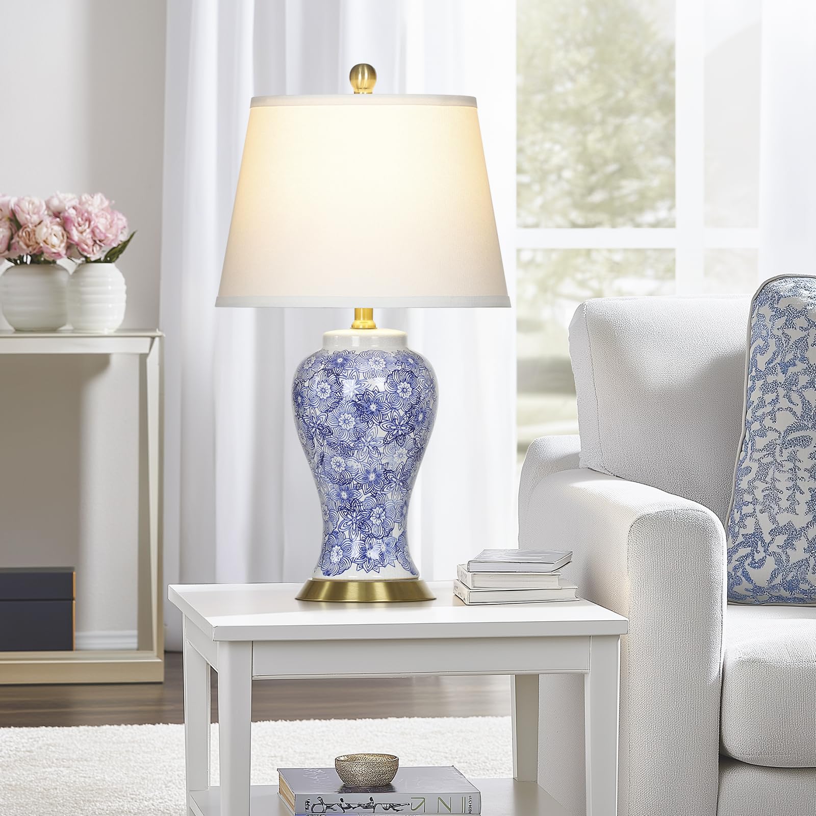 Cinkeda 25'' Blue And White Chinoiserie Ceramic Table Lamp - Elegant Ginger Jar Design For Transitional Style Living Rooms, Bedr