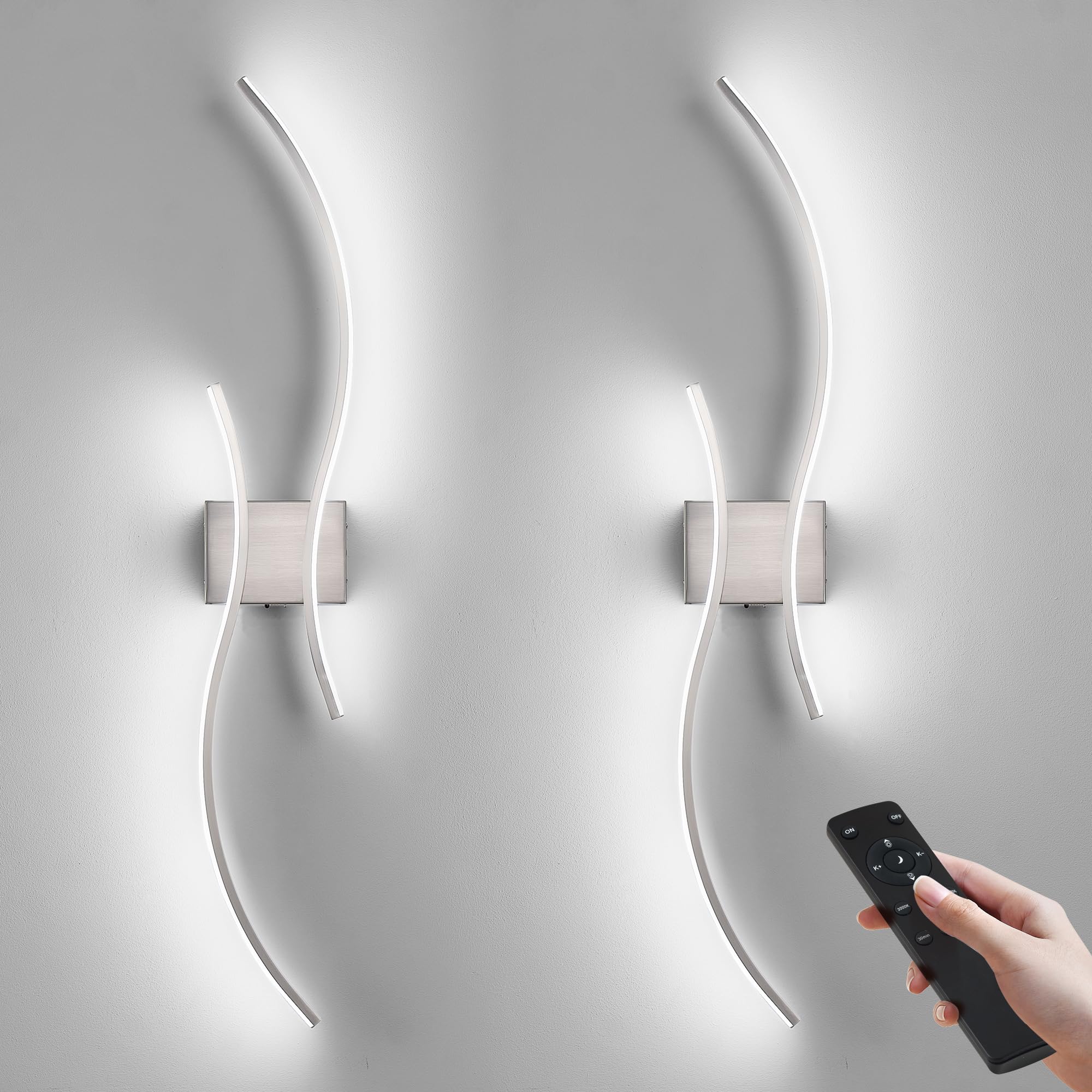 KARTOOSH Battery Operated Wall Sconces Set of 2, Remote Control, Stepless Colors 3000K-6000K, Nickel, 39.3 Inch, Model Z