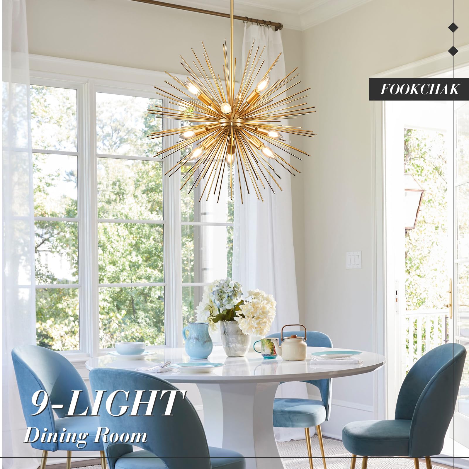 Fookchak 24In Gold Sputnik Chandelier 9-Light Starburst Chandelier Light Fixture Solid Metal Mid-Century Modern Satellite Light