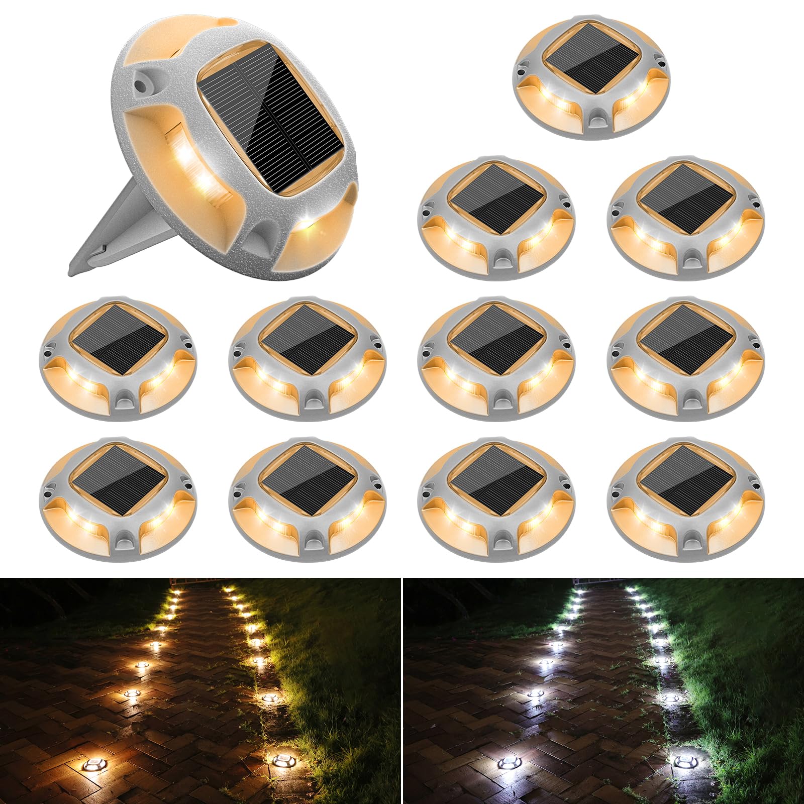 VOLISUN Solar Driveway Lights 12 Pack, IP67 Waterproof, White/Warm White, Model 21380ZM, Metal Outdoor Warning Step Lights