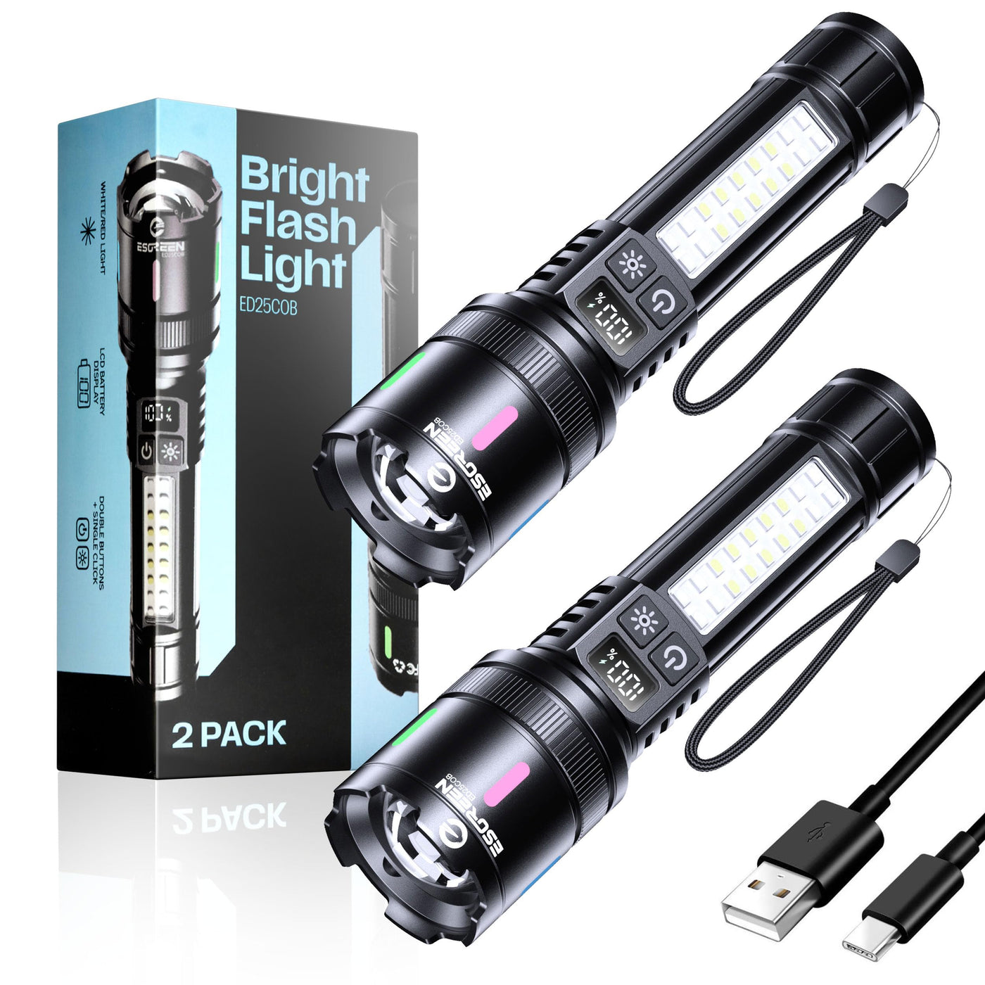 Esgreen LED Rechargeable Flashlight 10000 High Lumens, 12H USB C, Comp –  Lightsdaddy