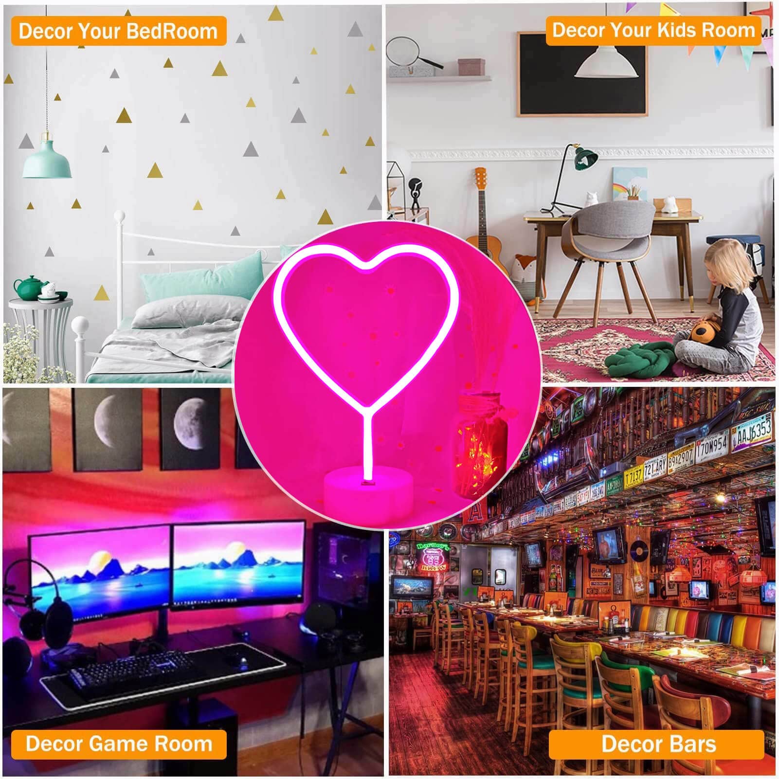 VIFULIN Neon Heart Sign Pink LED Light with Base, USB/Battery Powered Heart Decor for Bedroom, Valentines Day Decor