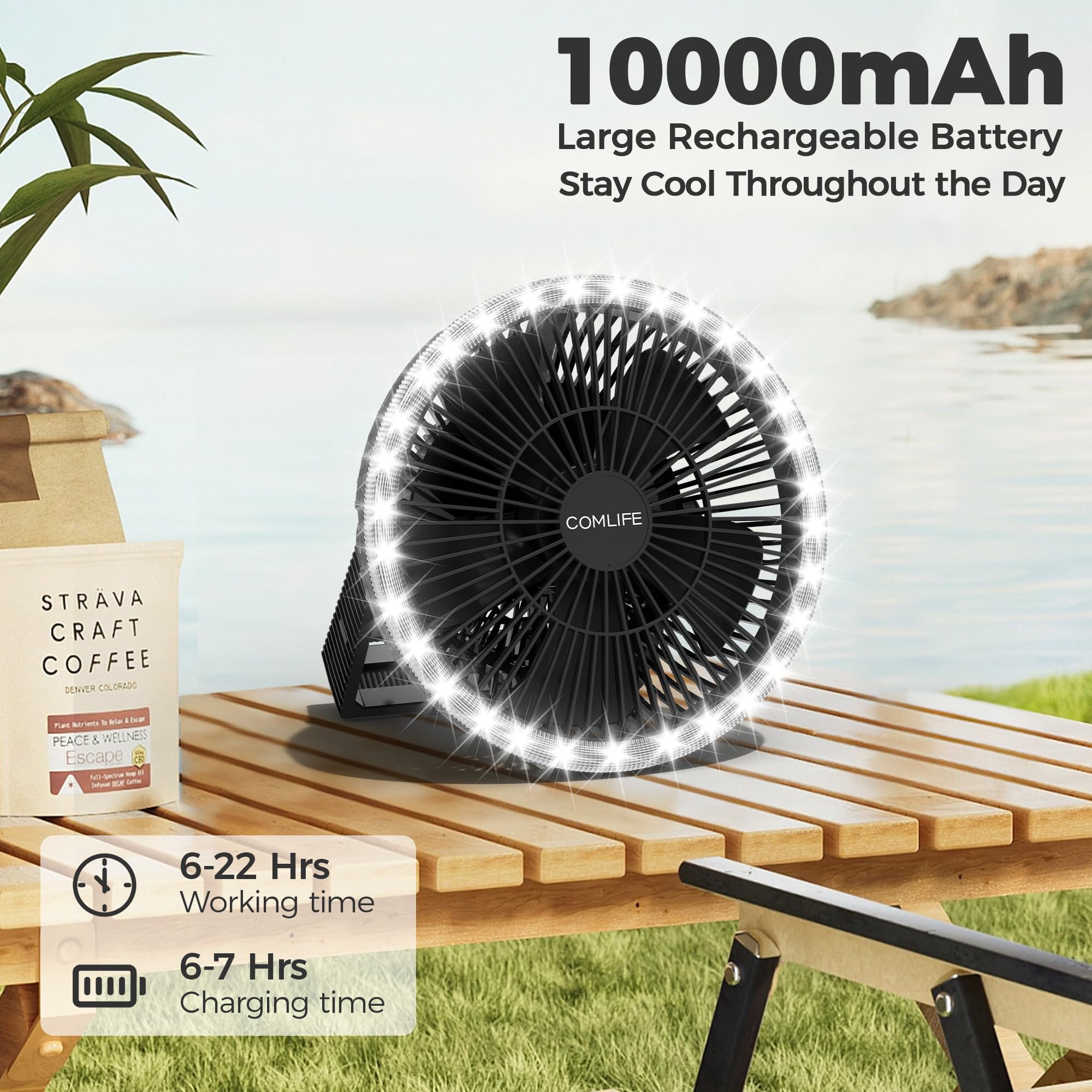 COMLIFE 10000mAh Camping Fan and LED Light - 8" Rechargeable, Portable USB for Tent/Tabletop Use, Black, Model F001