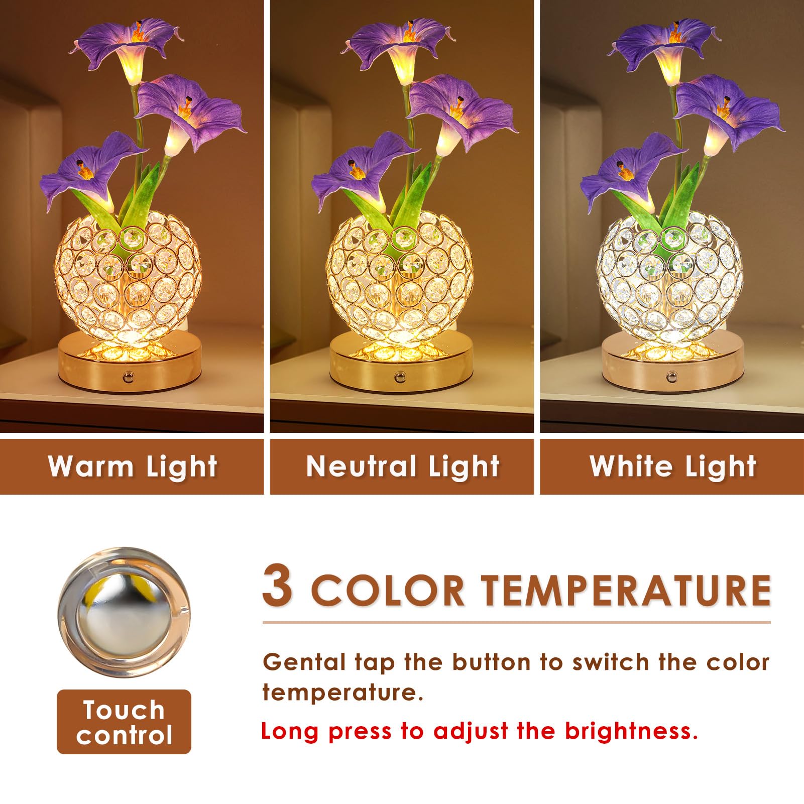 Morning Glory Flower Lamp, Rechargeable Cordless Touch Table Lamp, 3 Color Dimmable LED Night Light, Bedroom Bedside Touch Night