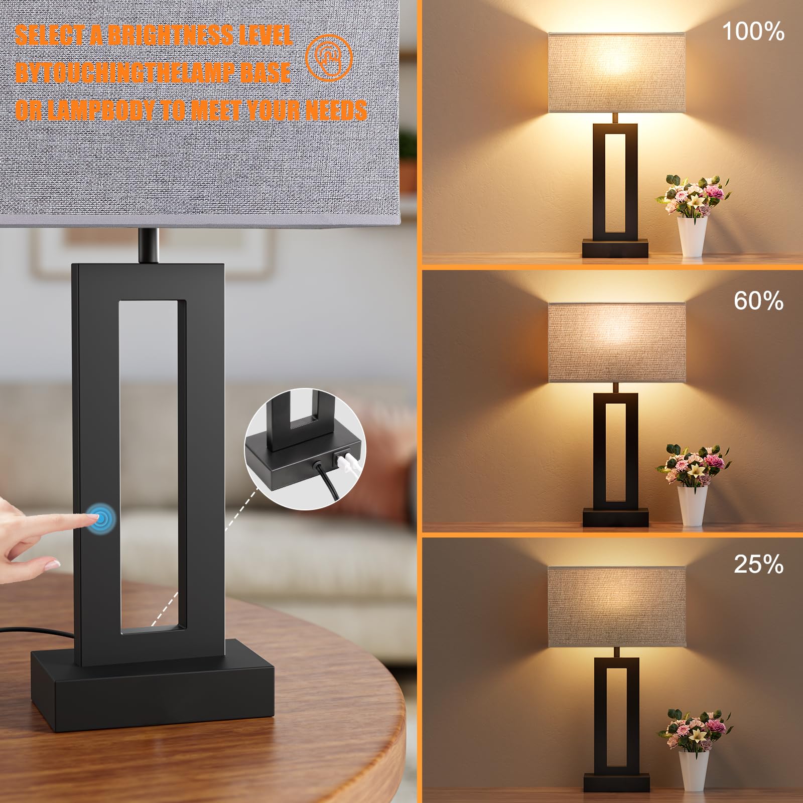 Seealle Nightstand Table Lamps Set of 2 - Touch Control, USB C+A, 3-Way Dimmable, Metal, Medium (19.6in), B. Grey&Black