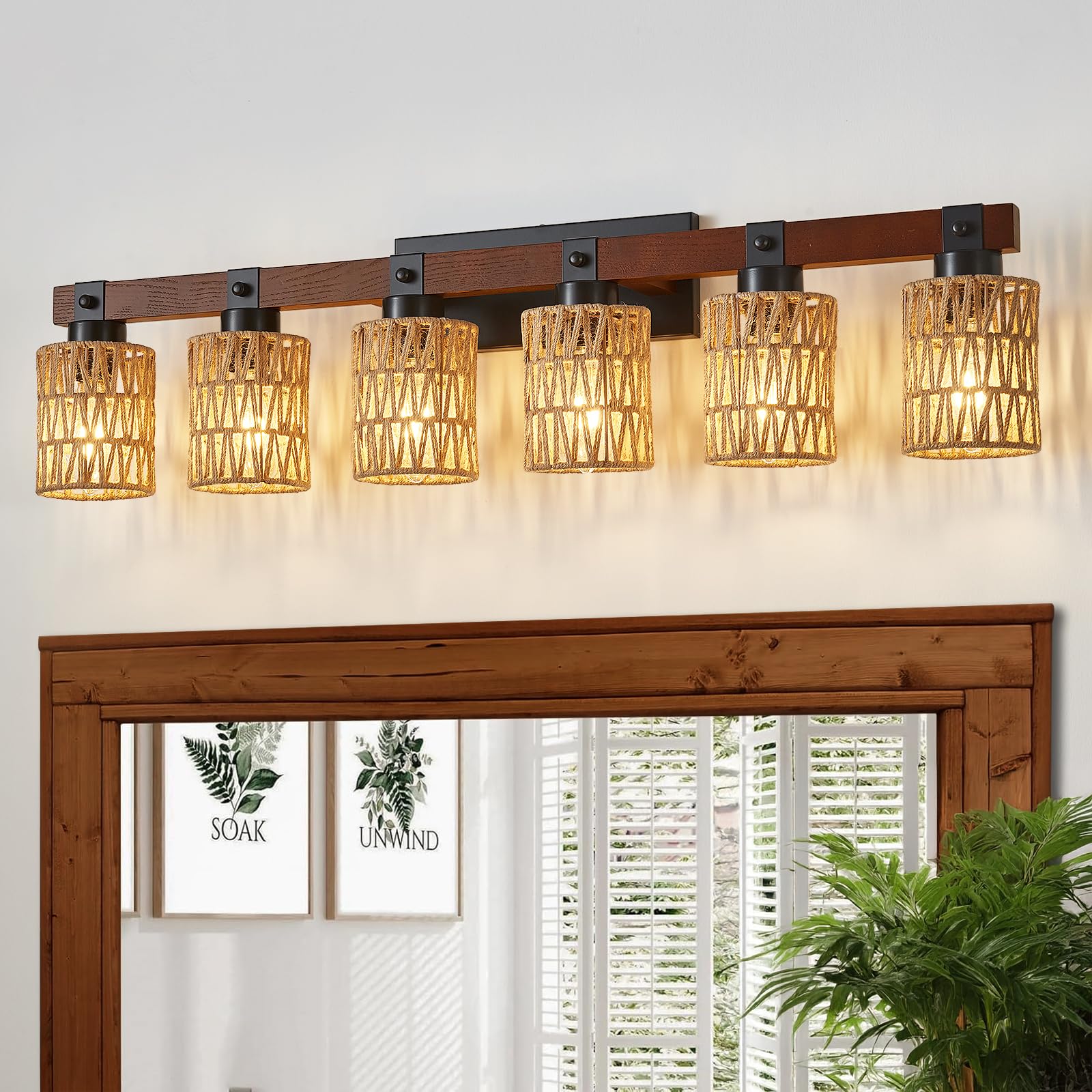 Aixialin 6 Light Bathroom Vanity Light Fixtures, Rustic Style Farmhouse Wood Bathroom Wall Sconce, Handmade Bamboo Woven Boho Wi