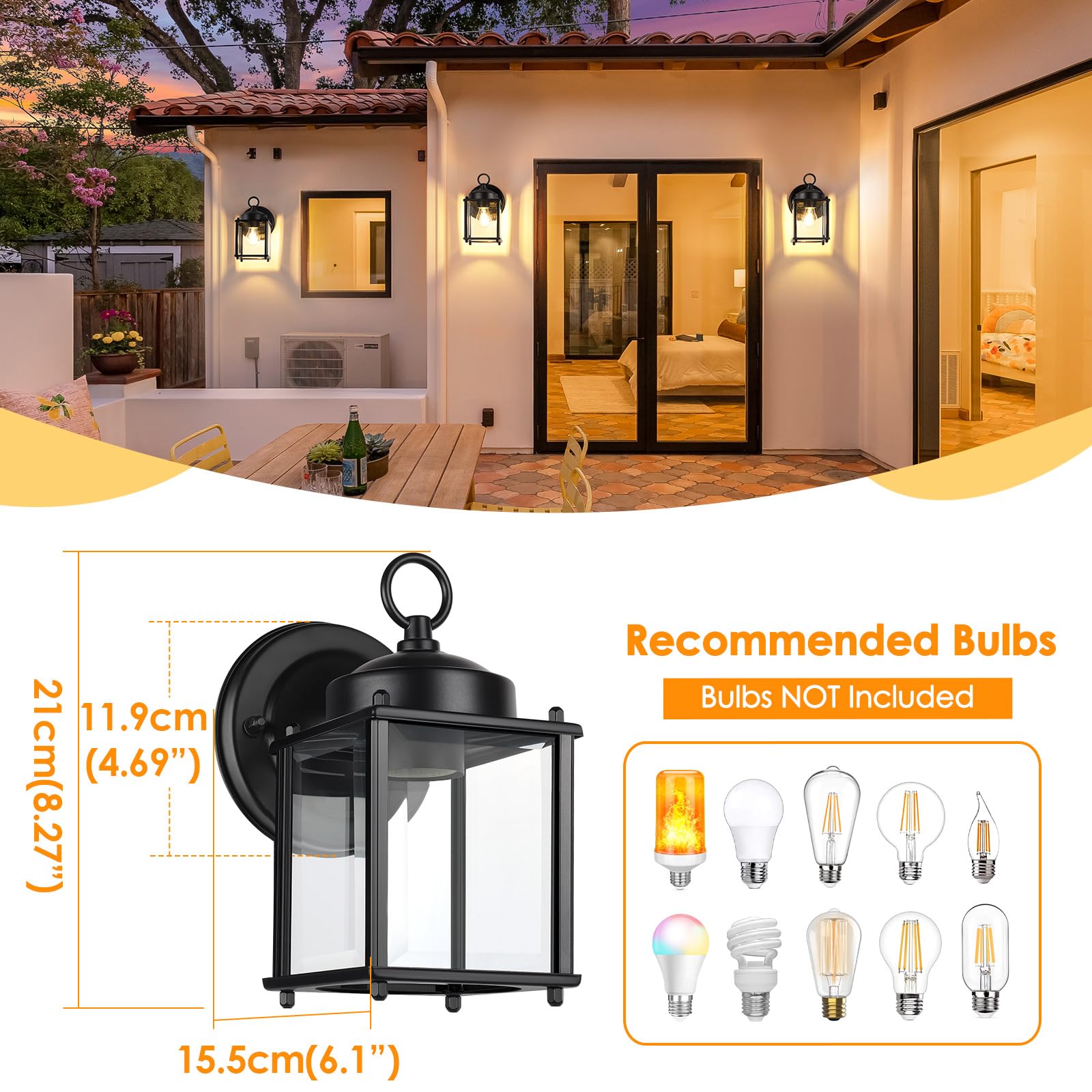 MATAMEYE Outdoor Wall Lantern 2 Pack, Waterproof Black Iron Sconce with Clear Beveled Glass Shade, 8.27 inch, Model GS8648