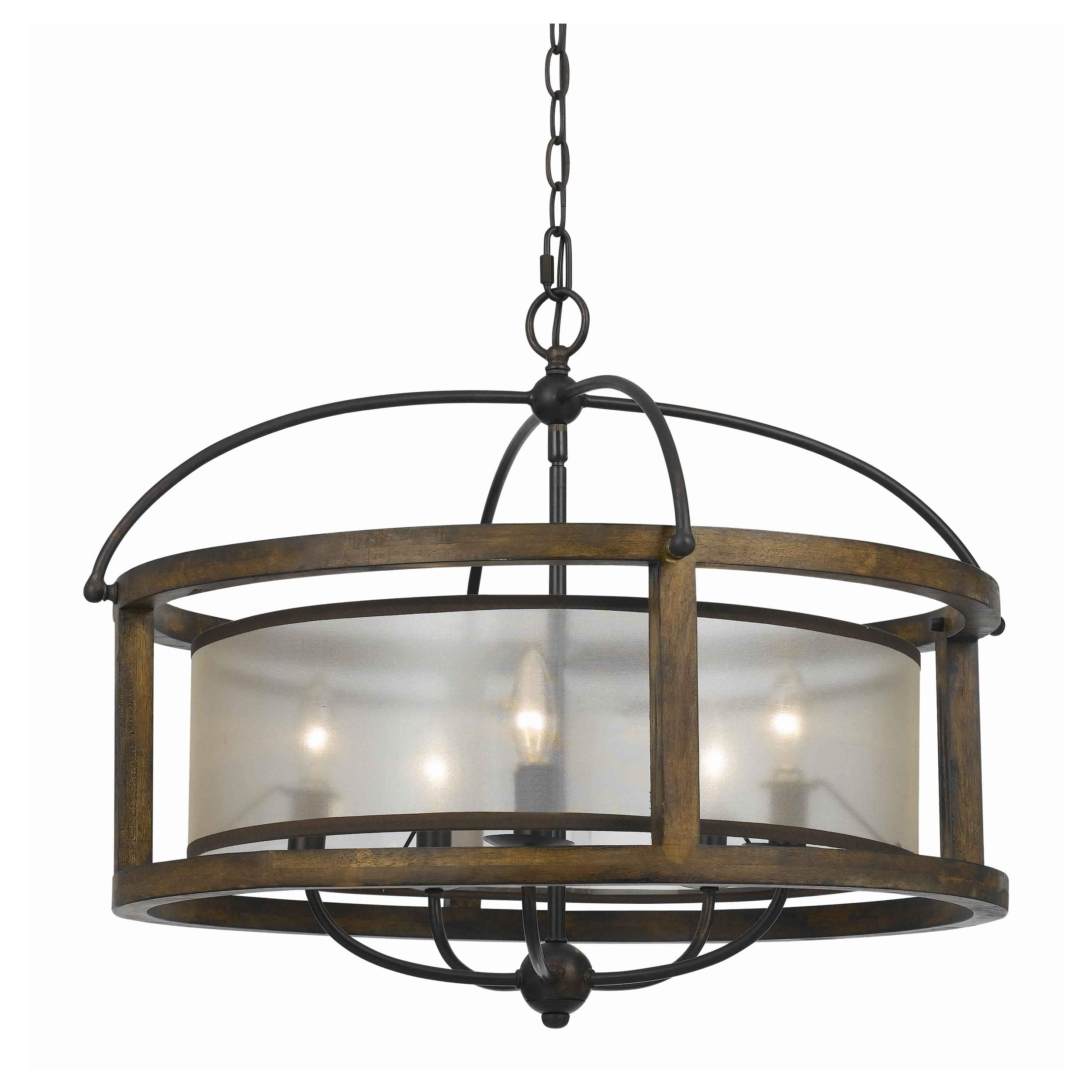 5 Bulb Round Chandelier With Wooden Frame And Organza Striped Shade