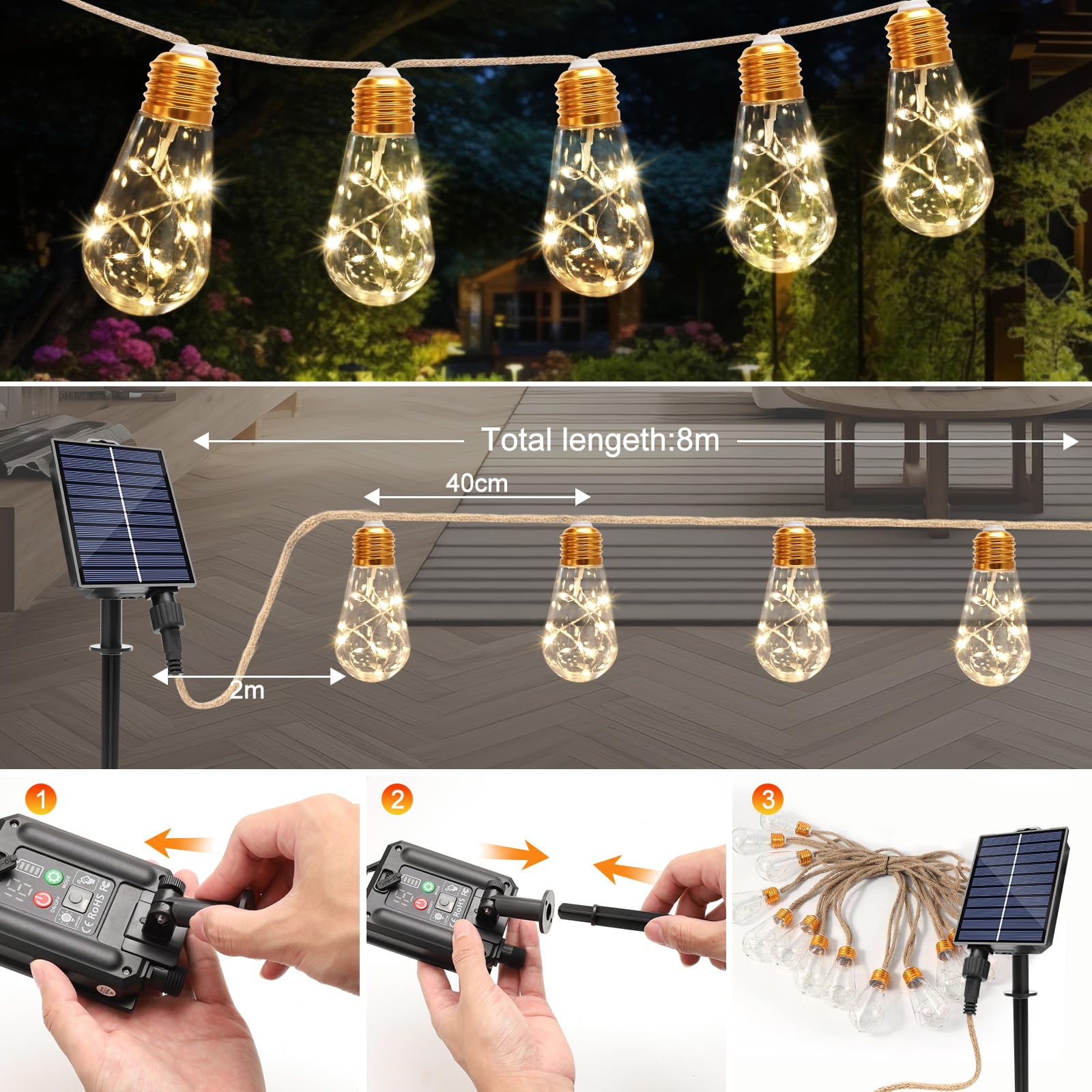 TUODAW Solar String Lights, 26FT Vintage Rope Hemp, 8 Modes, Remote Control, Warm White, Waterproof, Model 20240406