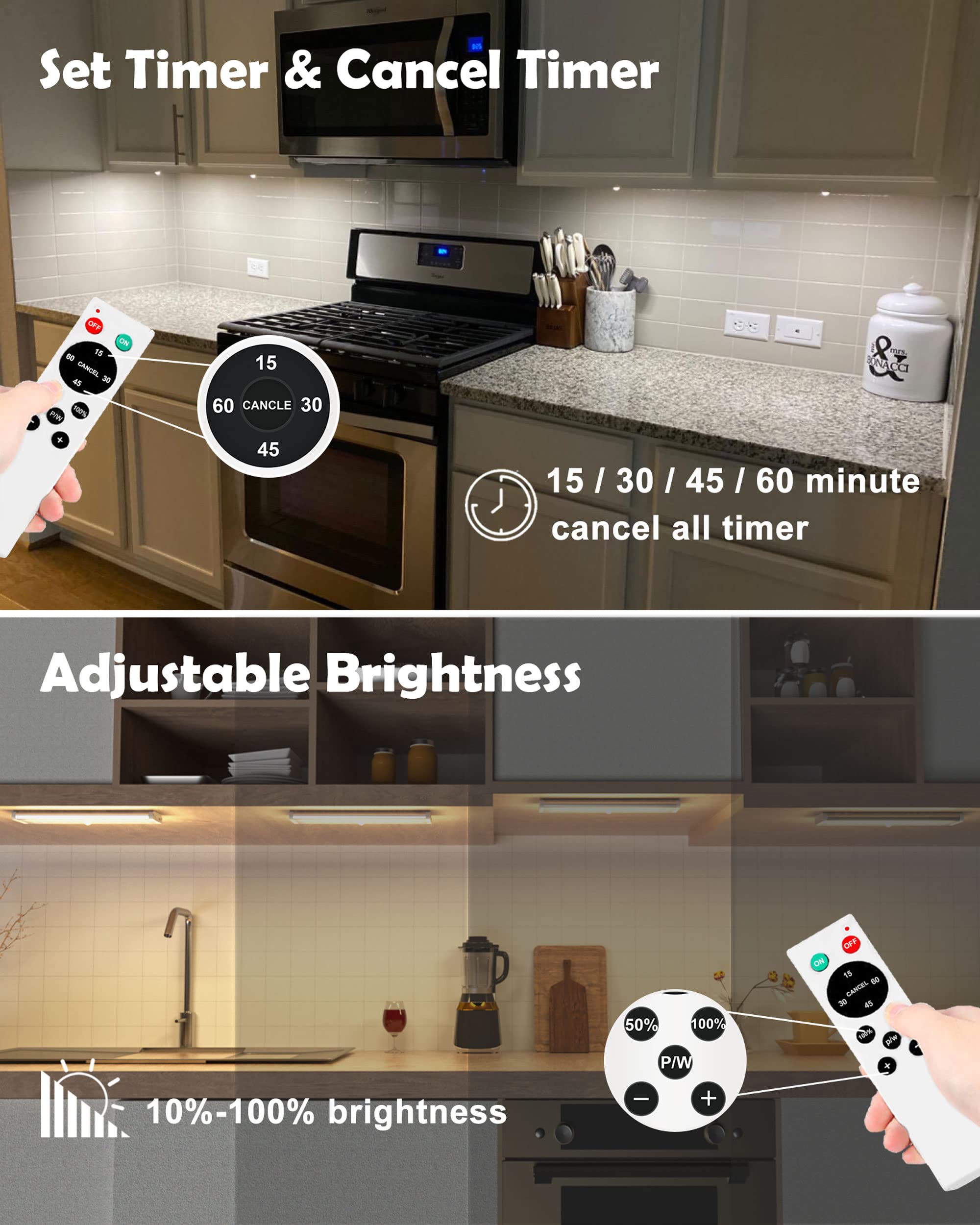 Szokled Under Cabinet Lighting Rechargeable 20-Led Remote Under Cabinet Lights, Kitchen Counter Lights Closet Light Bar, 3 Color