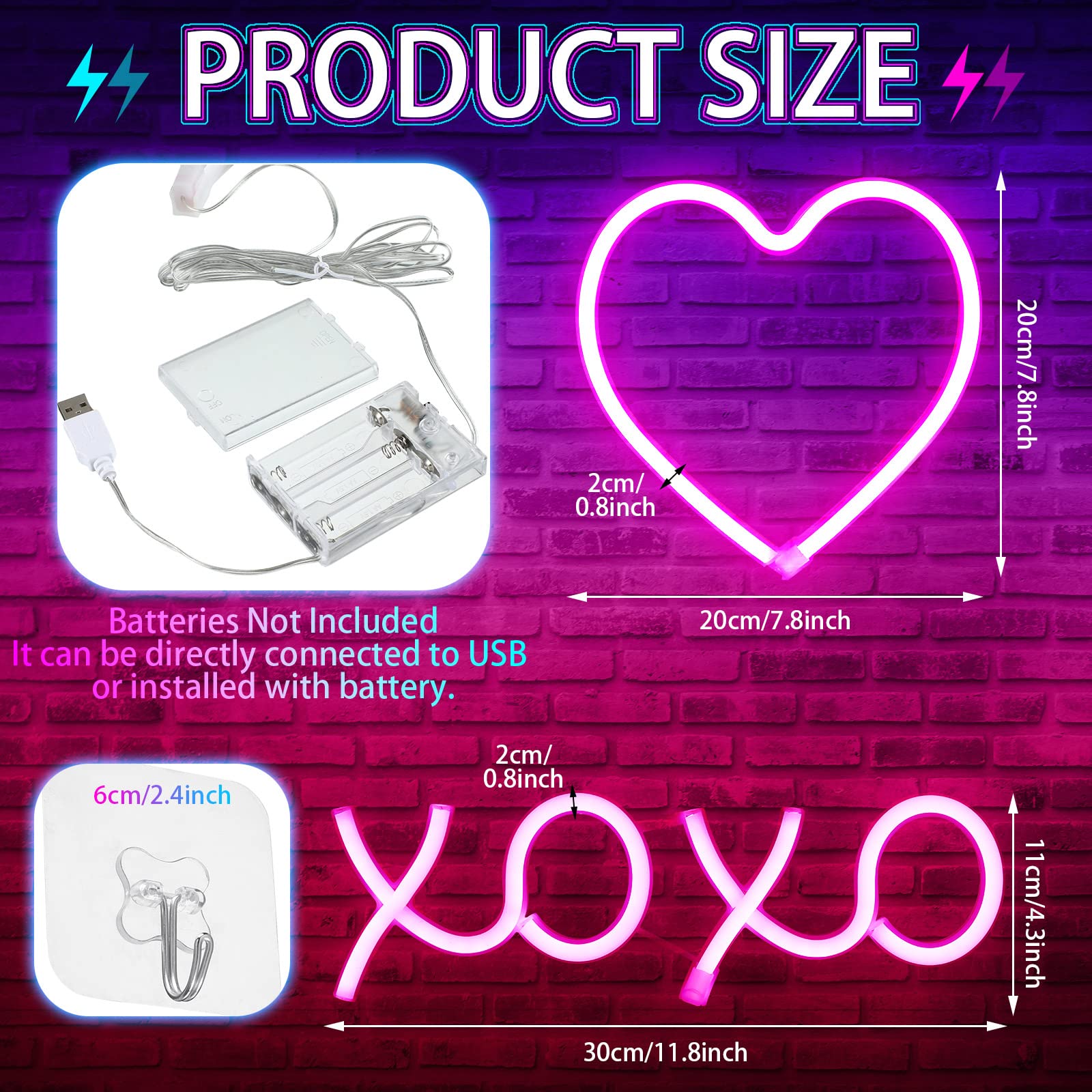 Amylove 2 Pcs Pink Heart and XOXO Neon Sign Valentines Decoration LED Neon Lights, LED Wall Decor Light up for Girl Home Bedroom