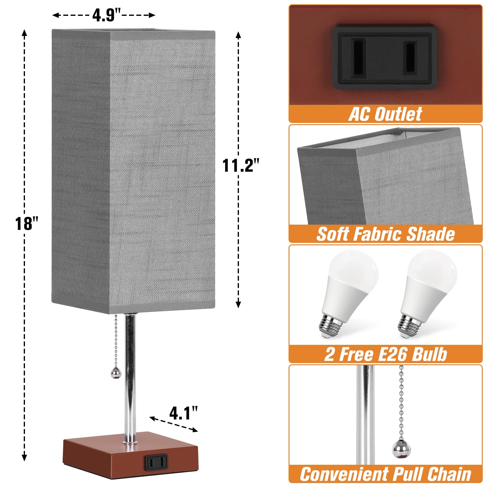 PLMMY Table Lamp Set of 2, 18 Inch Gray Shade-Brown Base, 3 Color Temperatures, AC Outlet, Model RD-PTL6W-022