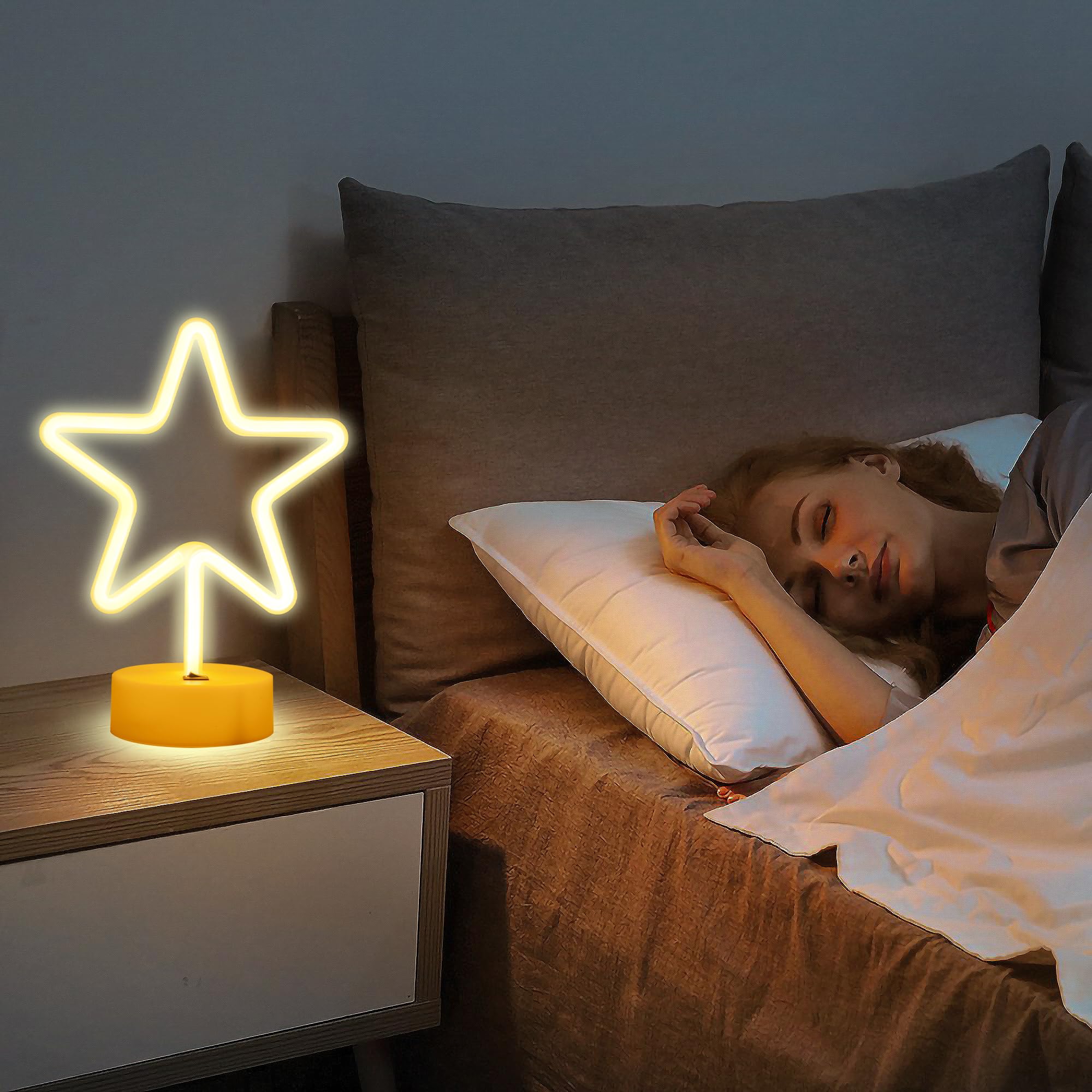 Enuoli Warm White Star Shaped Led Neon Light Lamp With Base Battery Operated Usb Powered Led Star Neon Sign Home Christmas Decor