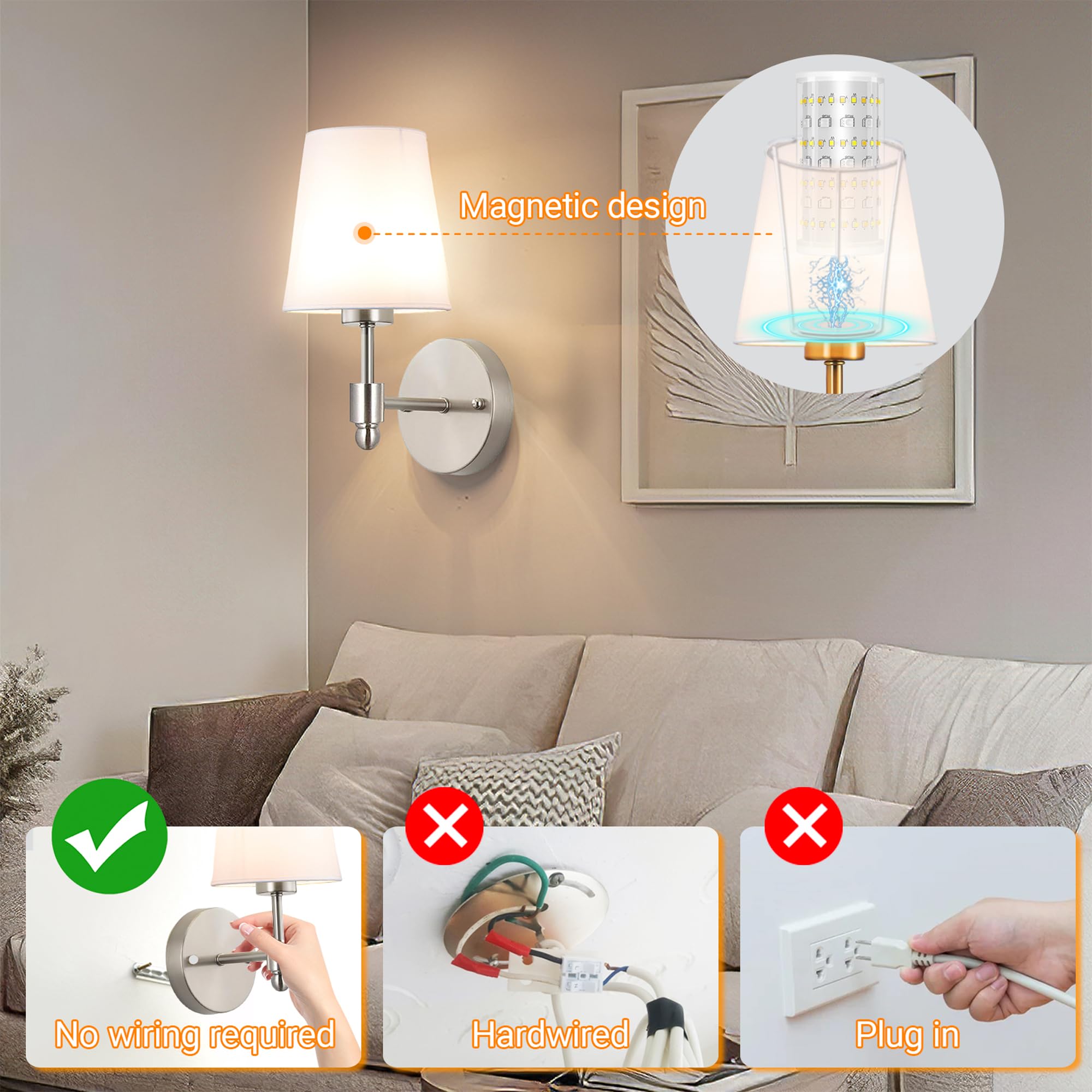 Nekhung Battery Operated Wall Sconces Set of 2, Wireless RGB Rechargeable Lights with Remote Control, Nickel, One Size