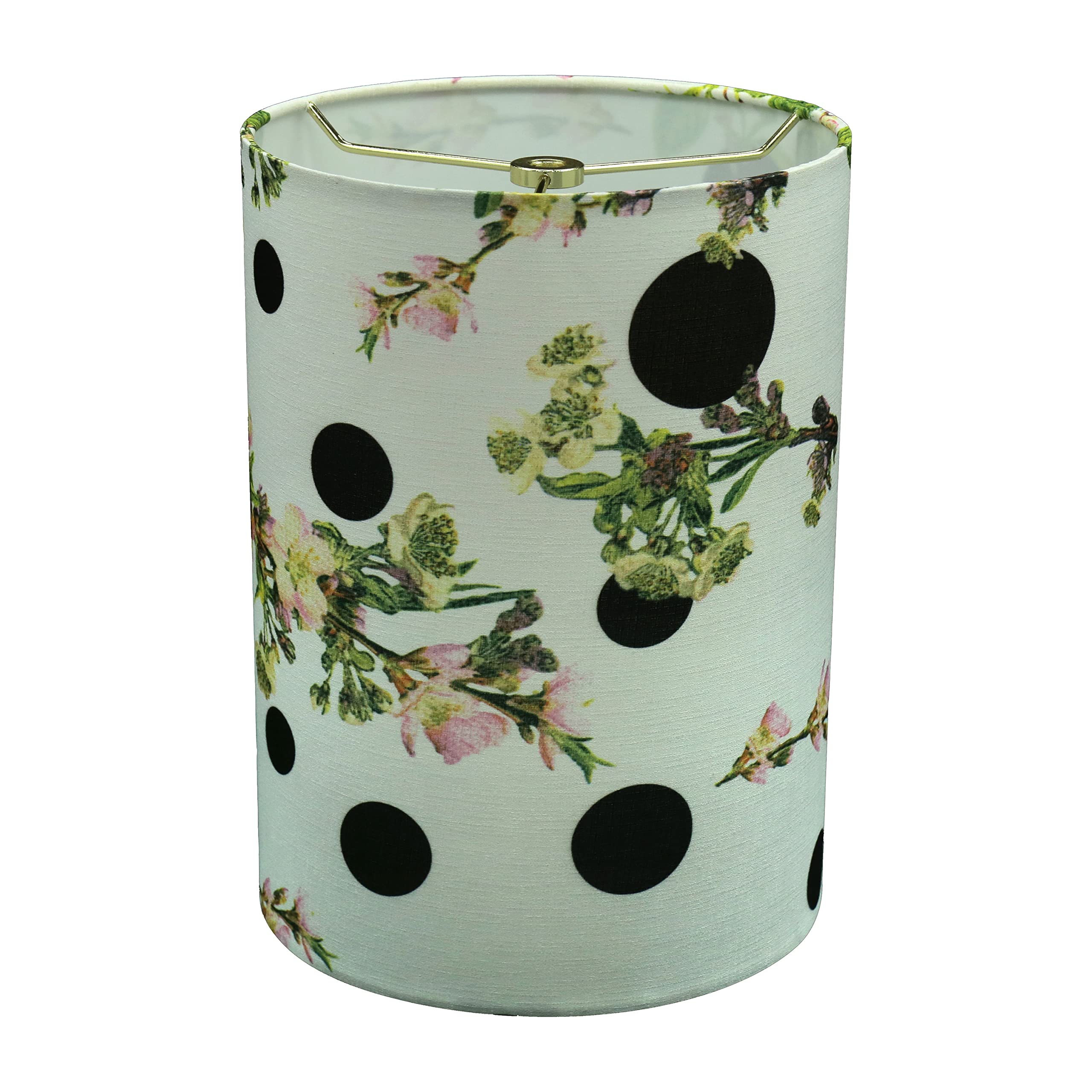 Aspen Creative 31298, Contemporary Drum Lamp Shade, 8'' Top X 8'' Bottom X 11'' Height, White W/Floral & Dot Pattern, Spider Fit