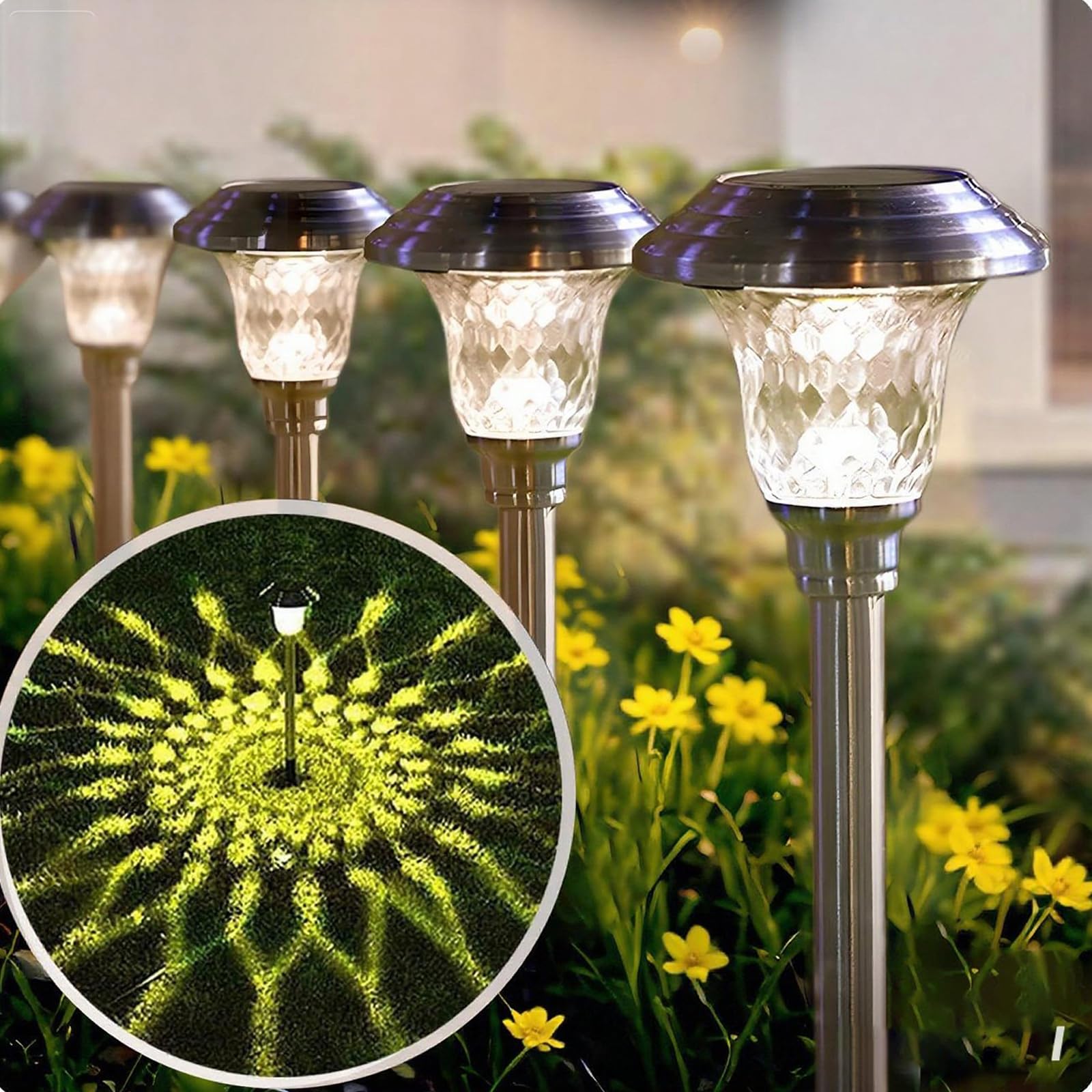 BEAU JARDIN Solar Pathway Lights, 8 Pack, Stainless Steel, Waterproof, Auto On/Off, Model GL002-1, Silver