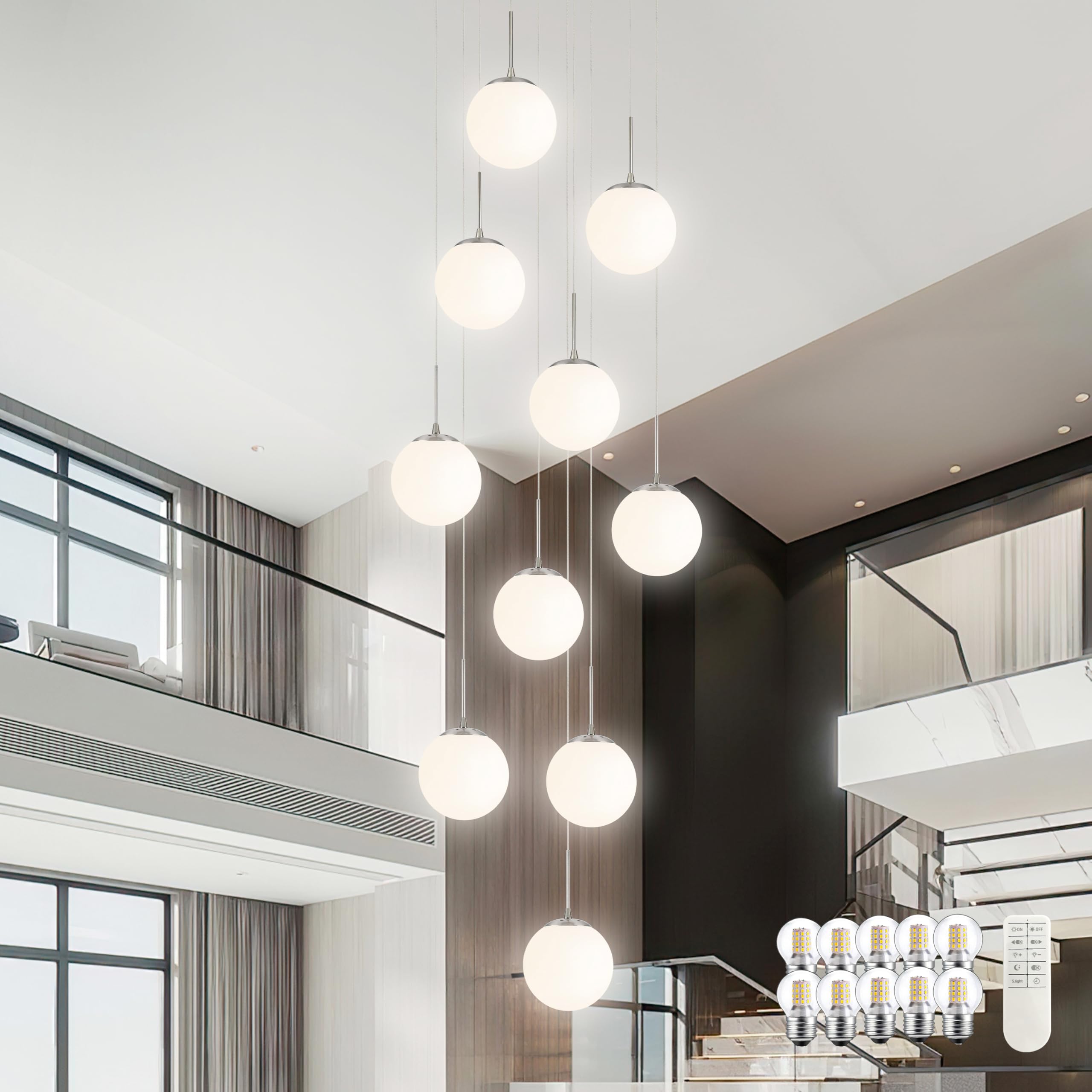 KoKo&Yukina 10 Light Globe Pendant Light Adjustable Hanging Light Staircase Chandelier Milk Glass Pendant Lights with Milky Whit