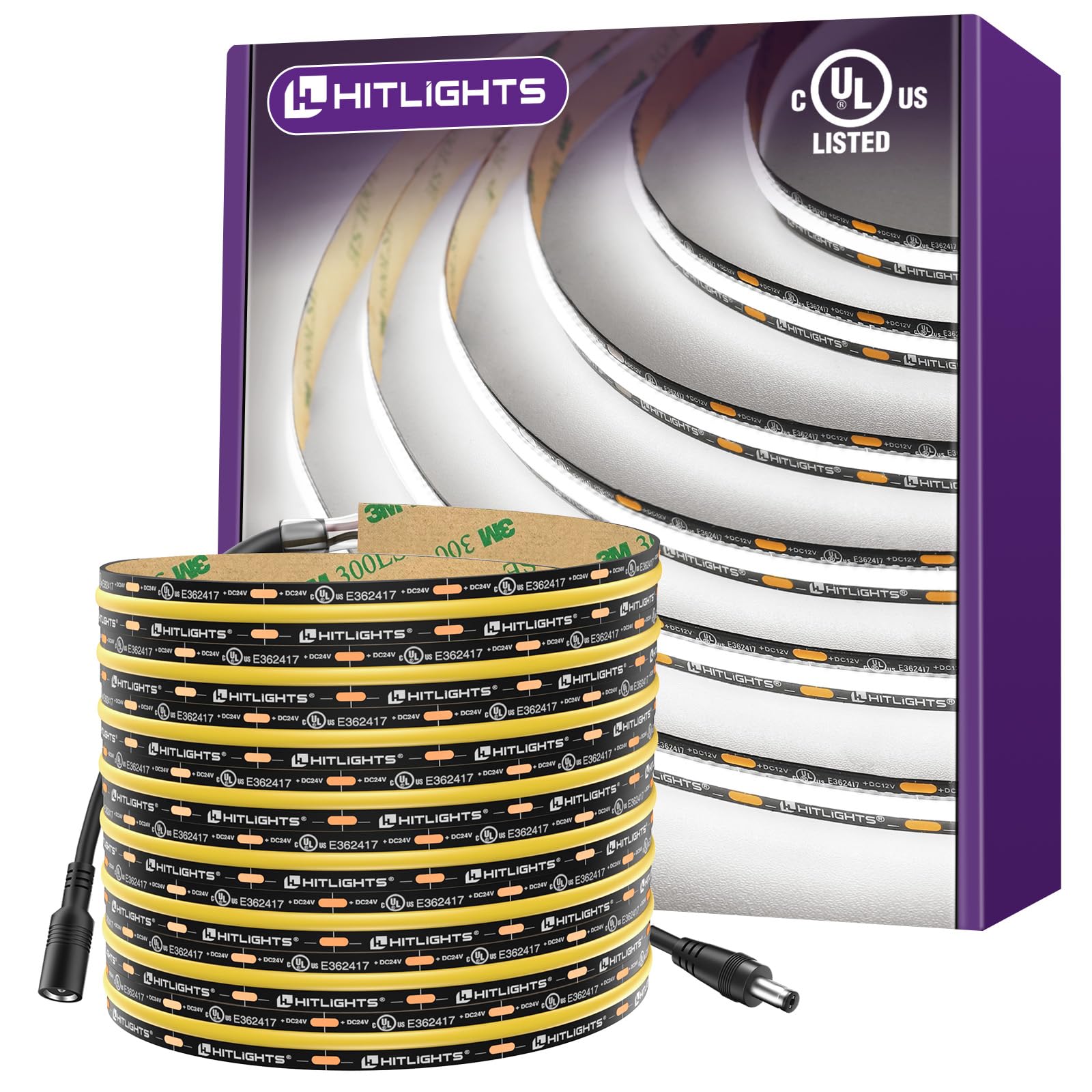 Hitlights White Led Strip Lights 5000K  16.4Ft enhanced 12V Cob Tape Light High Density  2400 Leds  305+ Lm/Ft  Cri 90+  Ip30  Lighting For Kitchen  Cabinets  Ul Listed (Power Source Not Included)