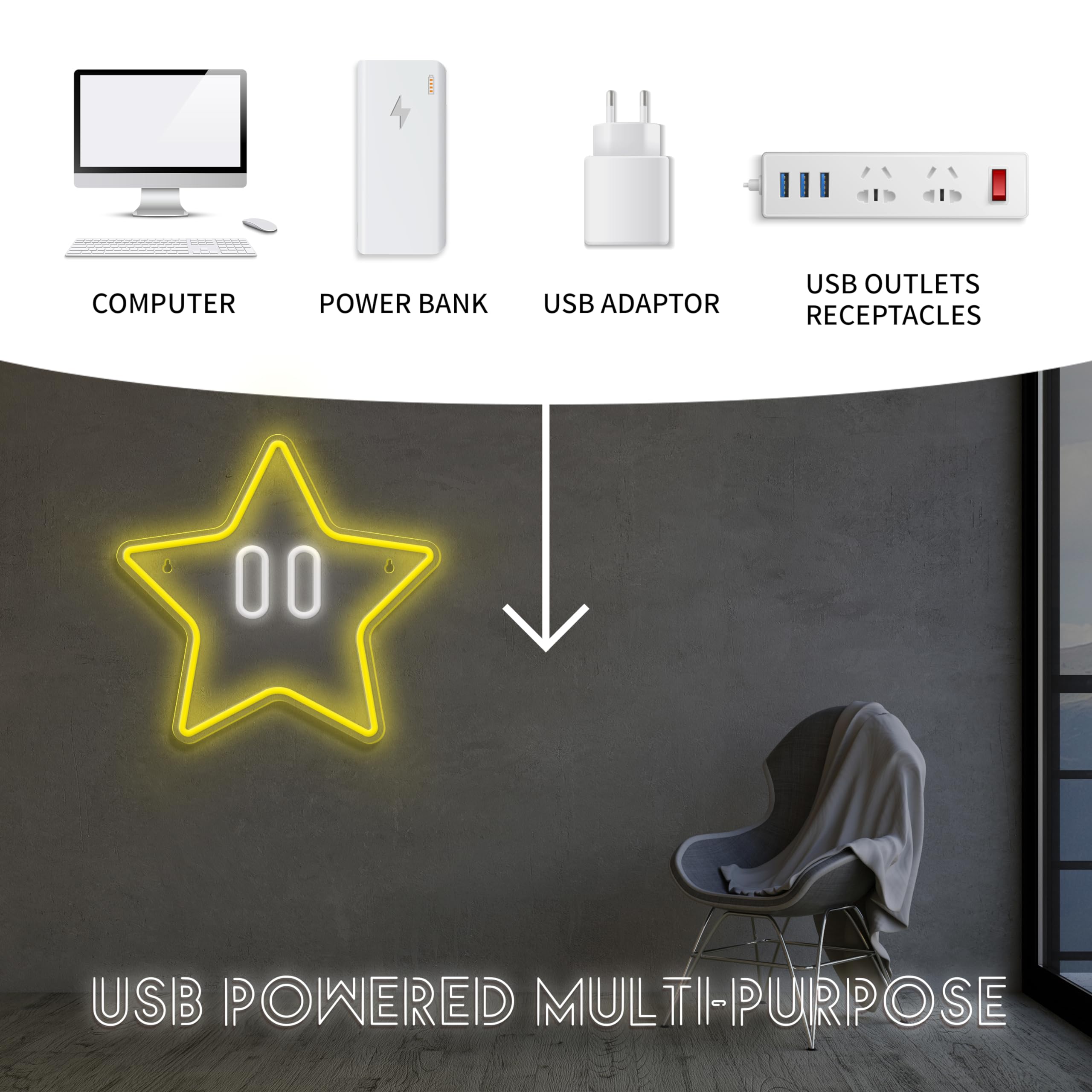 VIKLIU Star Neon Sign - Dimmable Acrylic Game Room Decor, 13.2x12.6 inches, USB Powered, A-Star Color, Model MLAX