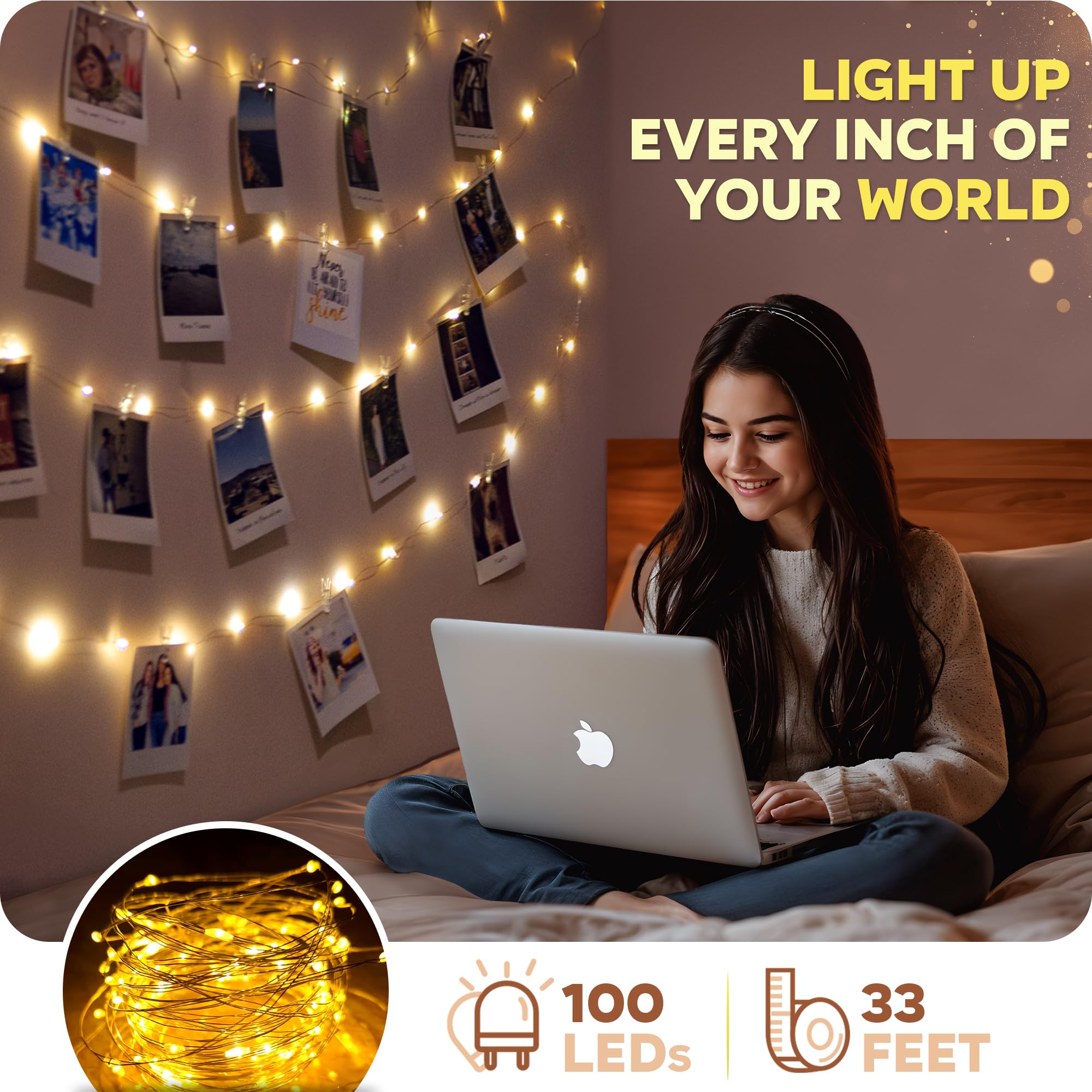 Mind-Glowing 100 Led Warm White Photo Clips String Light - Trendy Tween Room Decor, 33 Ft