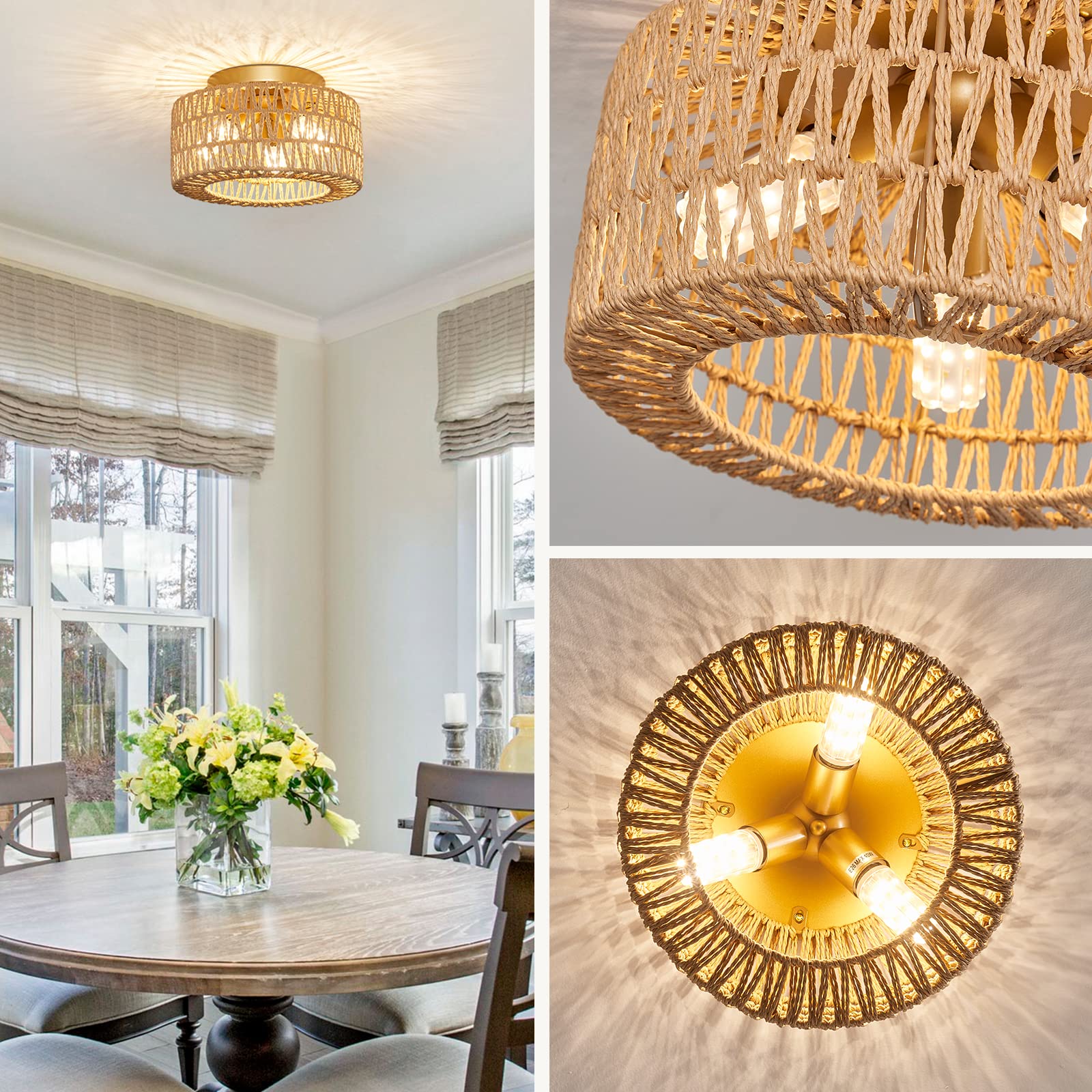 Rattan Light Fixtures Ceiling Mount, 3-Lights Boho Flush Mount Ceiling Light, Hand-Woven Cage Shade Lamp Lighting, Rustic Rattan Chandelier For Hallway Bedroom Kitchen Farmhouse Foyer Entryway (Gold)