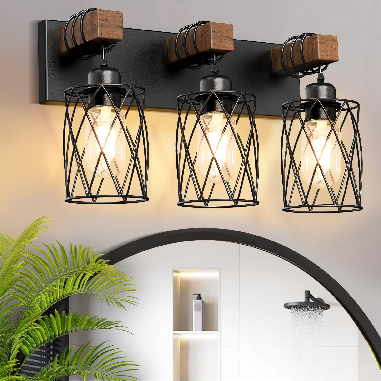 IZORRO Farmhouse Bathroom Vanity Light, 3-Light Wood Bathroom Light Fixtures Over Mirror, Black Industrial Vanity Lights with Me