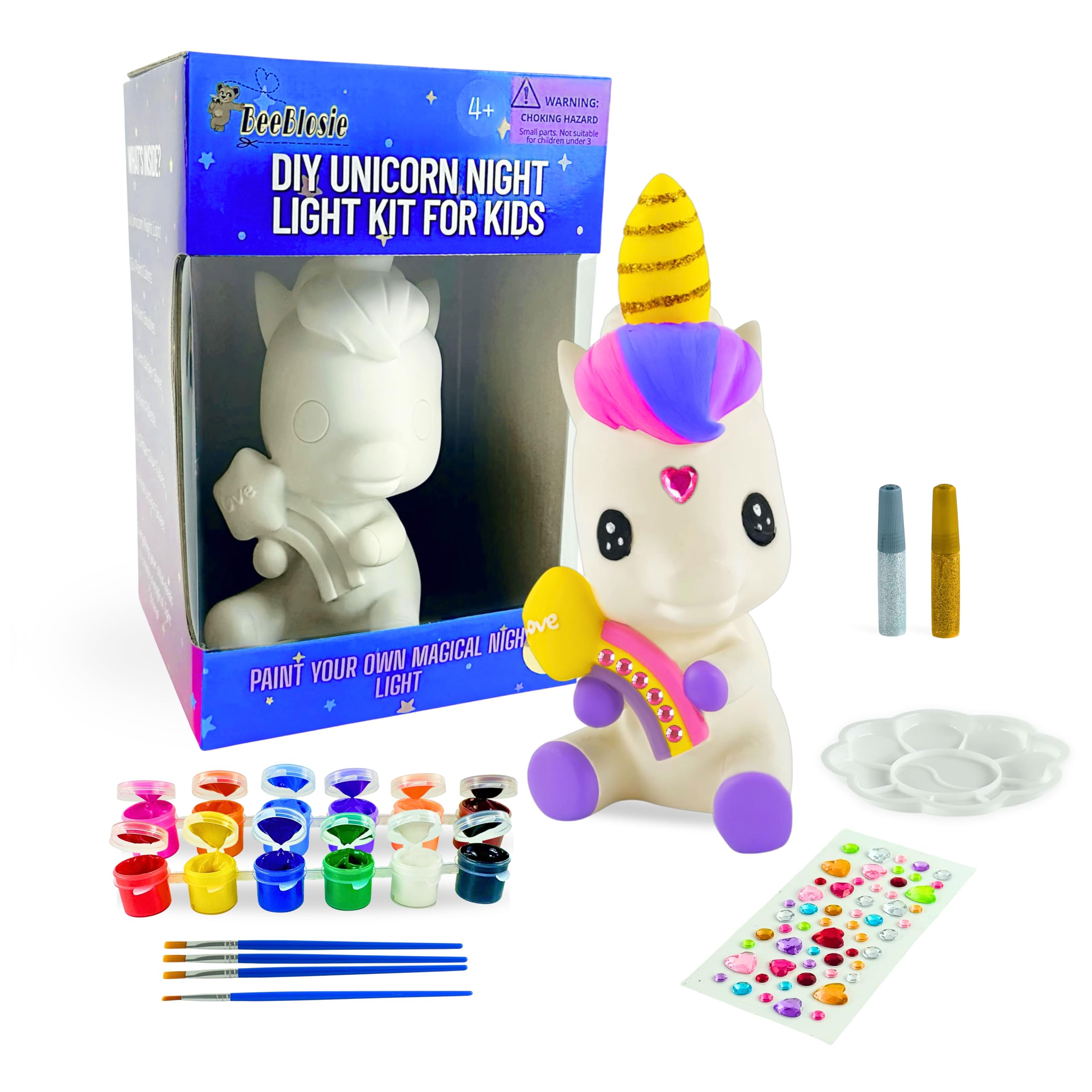 Beeblosie discomfort-reducingt Your Own Unicorn Night Light Kit For Kids Ages 4-8 - Diy Color-Changing Led Lamp Craft Set With discomfort-reducingts  Brushes  Gems & Glitter - Creative Arts & Crafts Gift For Girls