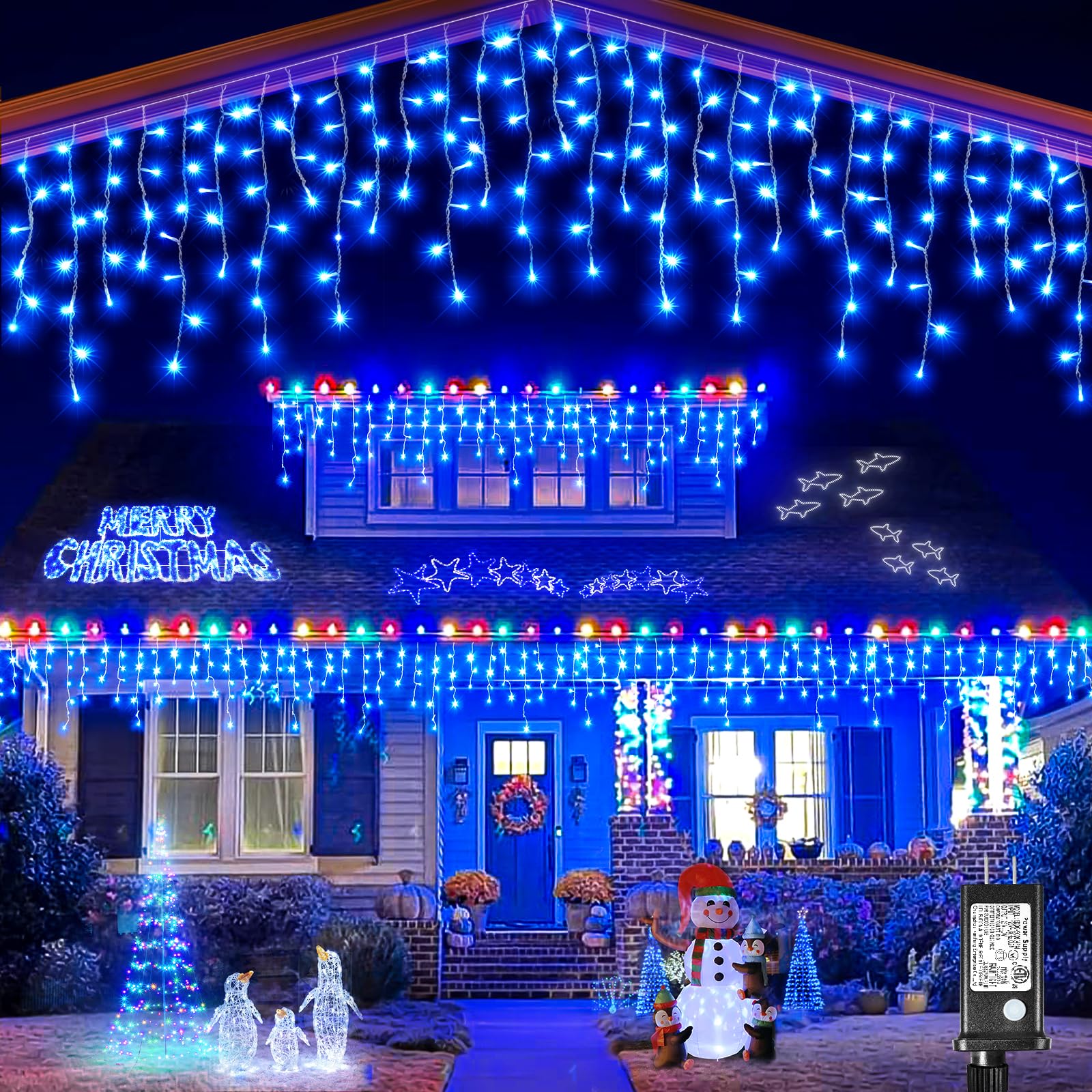 Vivideal Icicle Christmas Lights, 33ft 400 LED, Blue, Waterproof, 8 Modes, Indoor/Outdoor, Model BG-CL3M3-306L01