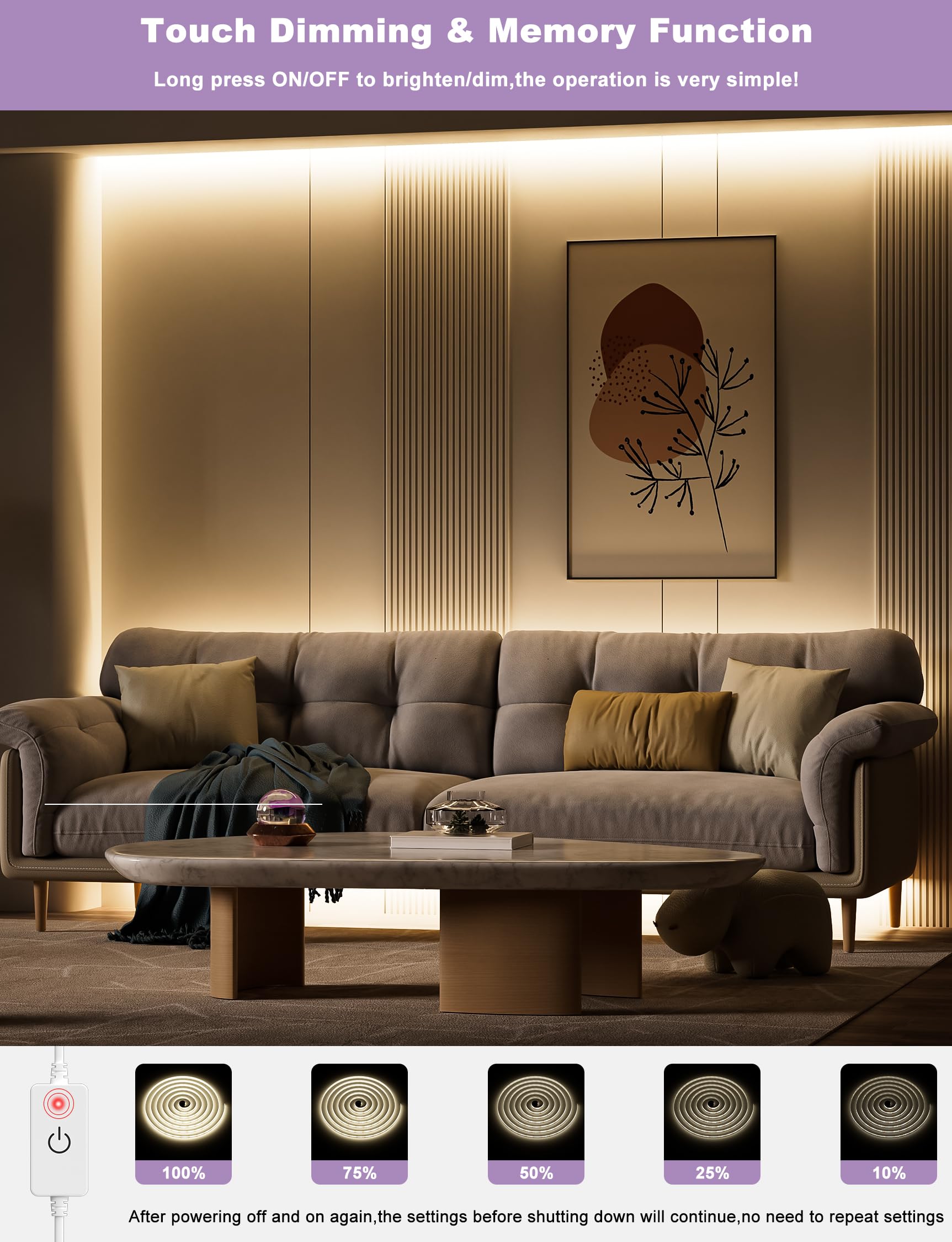 Miwise Led Strip Lights,Super Bright 5V Usb Cob Tape Light 9.84Ft/3M 4000K Natural White With Touch Dimmer Switch,Cri90+ Flexibl